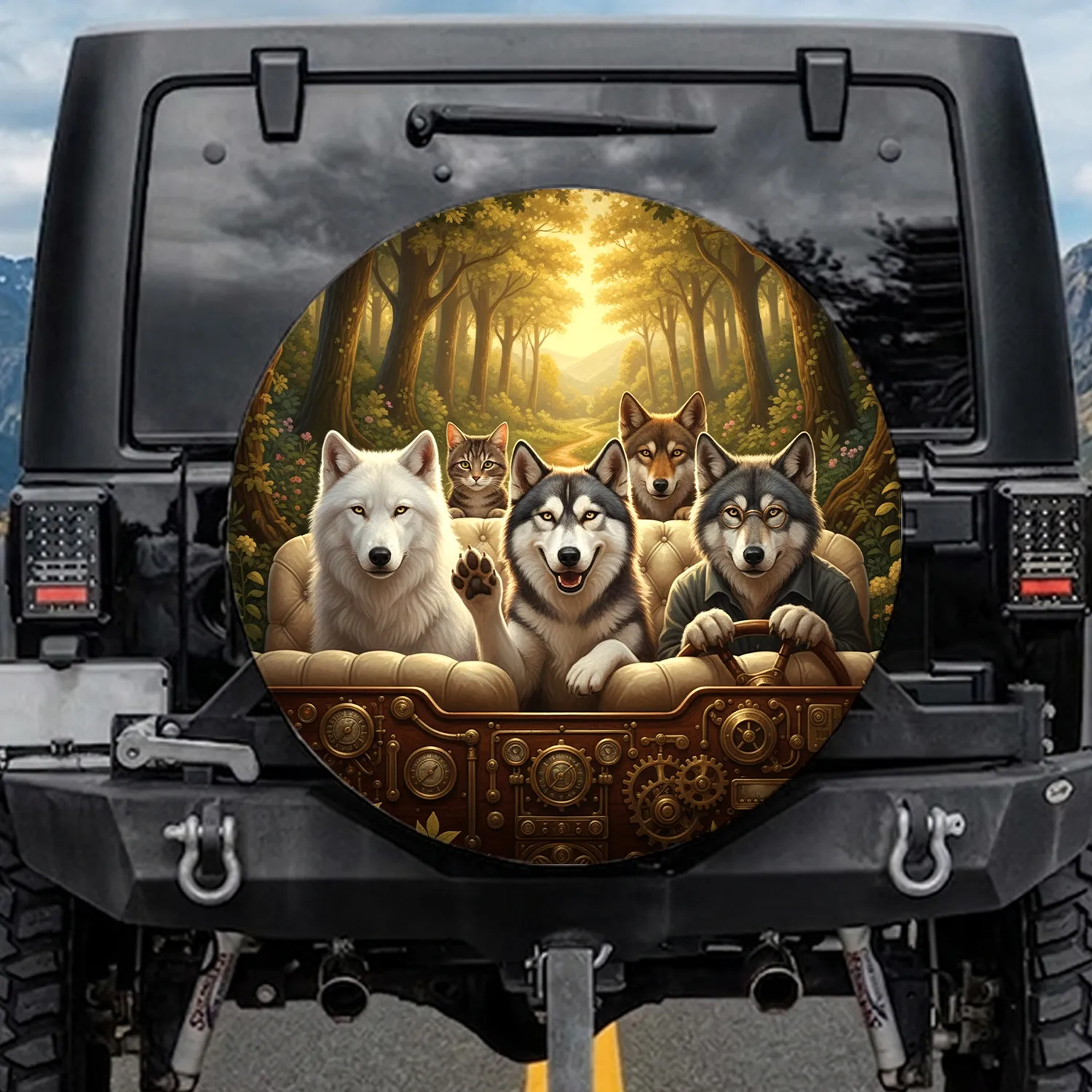 Wolf Husky Cat Animals Sun-Drenched Forest Luxurious Interior - Car Decor Gift Spare Tire Cover - 1