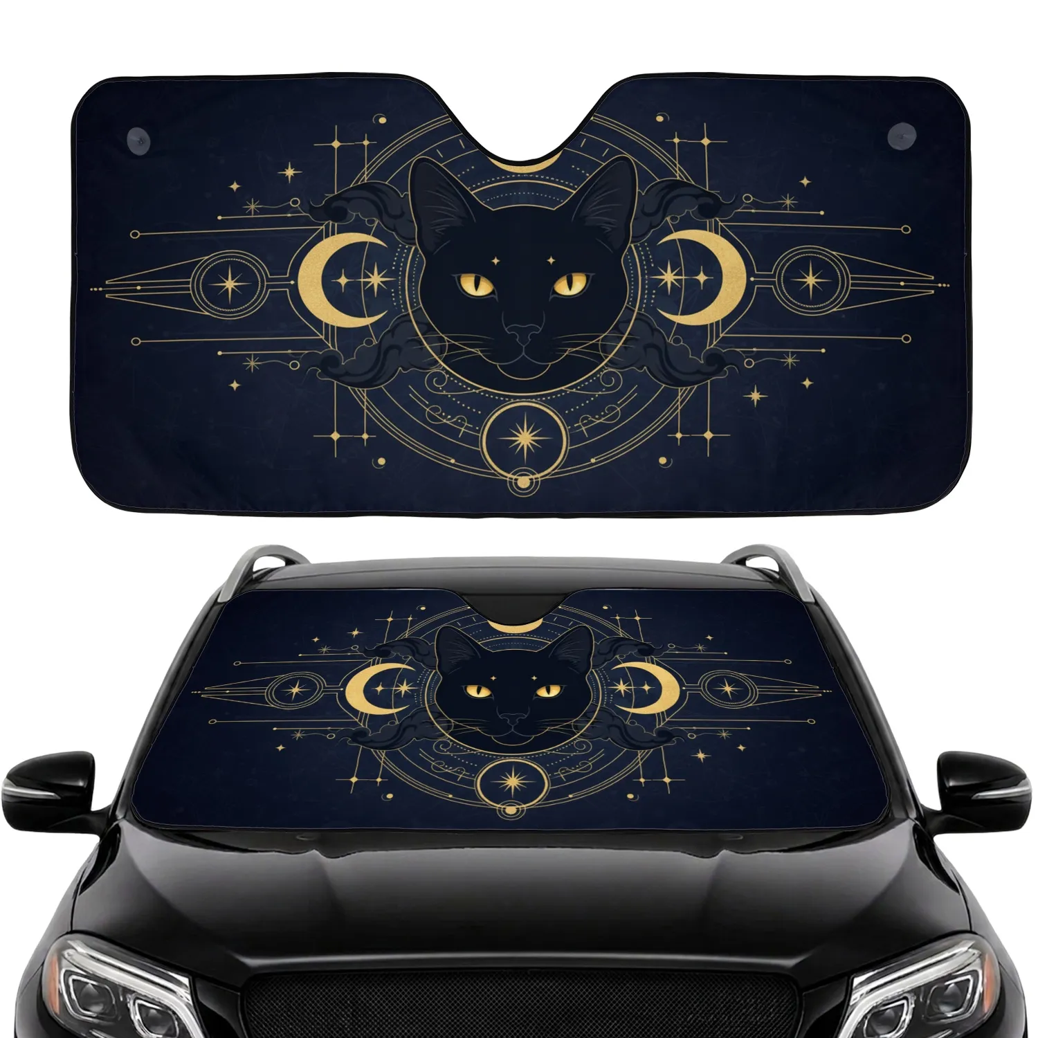 Black Cat Golden Moons Celestial Starbursts Dark Smoke - Cat Lover Gift Car Sunshade - 1