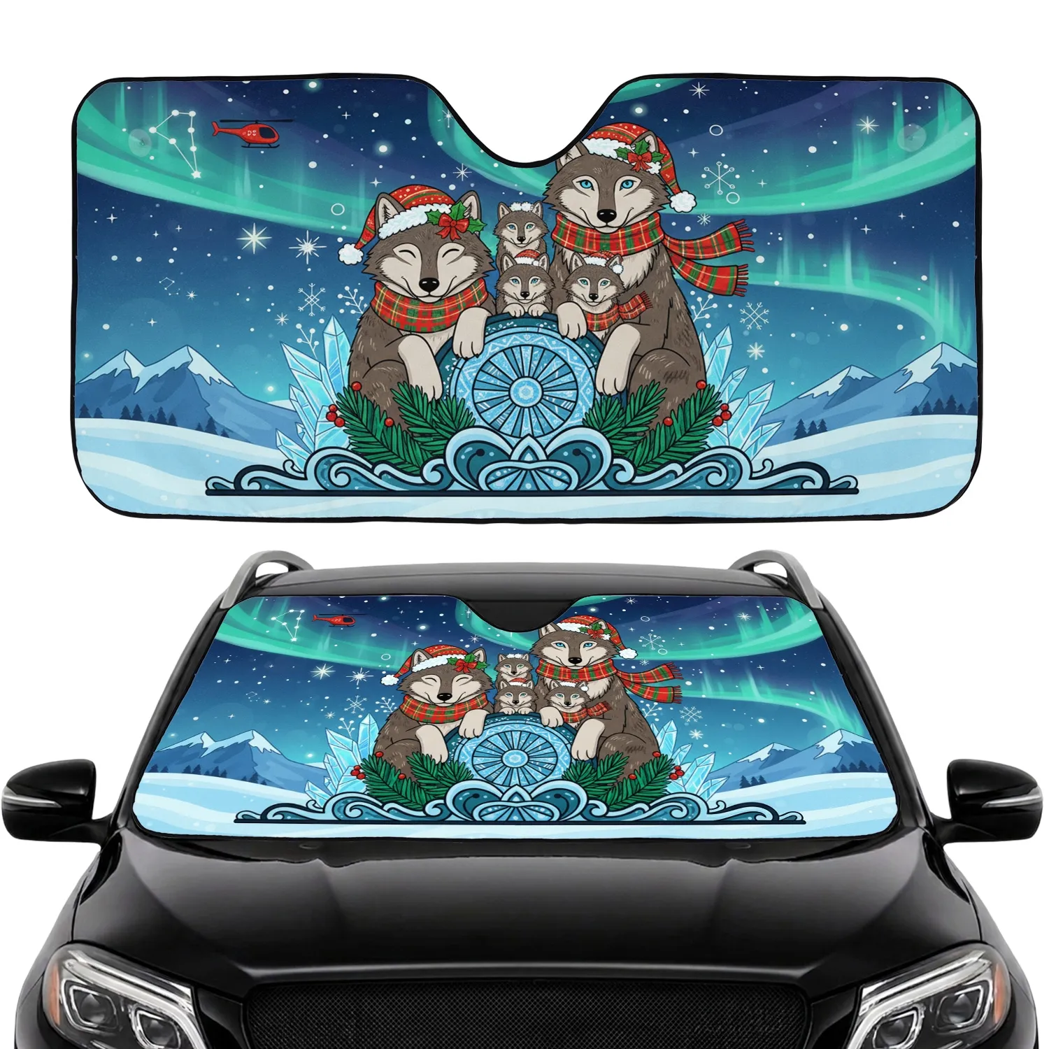 Wolf Family Santa Hats Northern Lights Winter - Holiday Gift for Wildlife Lovers Car Sunshade - 1