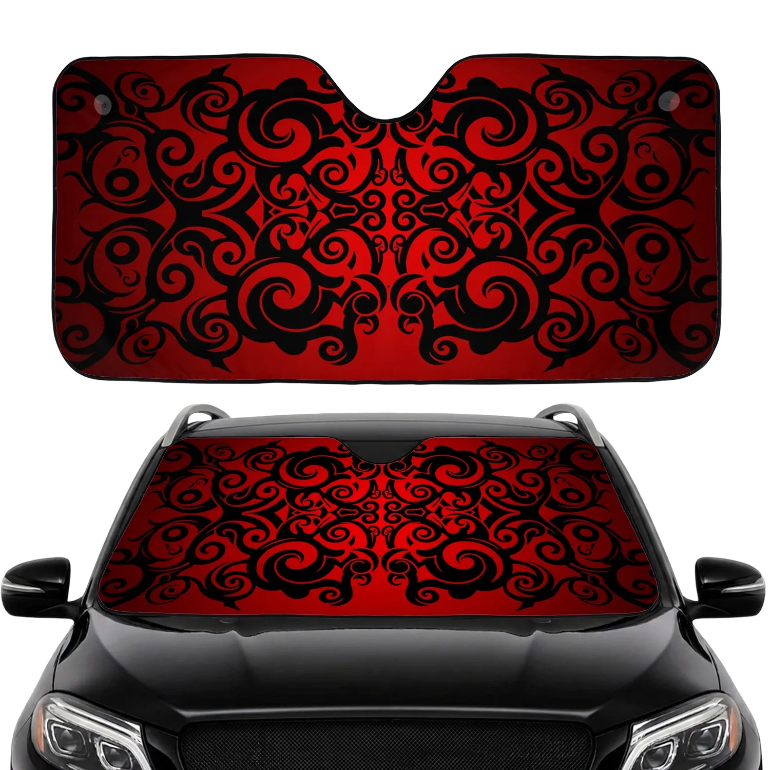 Organic Interlocking Black Red Tribal Swirls - Everyday Vehicle Interior Lifestyle Accent Car Sunshade - 1