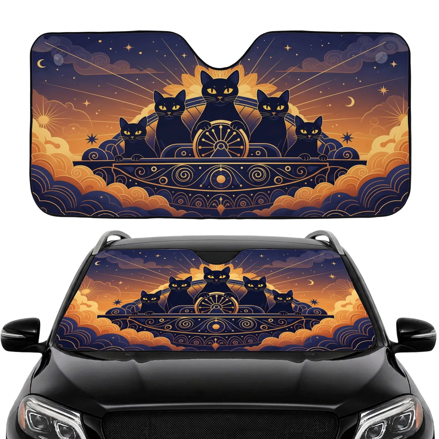 Black Cats Steering Wheel Celestial Auto Accessory - Cat Lover Car Decor Gift Car Sunshade - 1