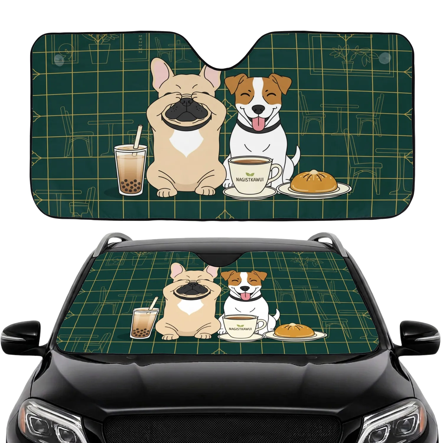 Endearing Fawn French Bulldog Jack Russell Dogs Bubble Tea Cafe - Cafe Dog Lover Gift Car Sunshade - 1