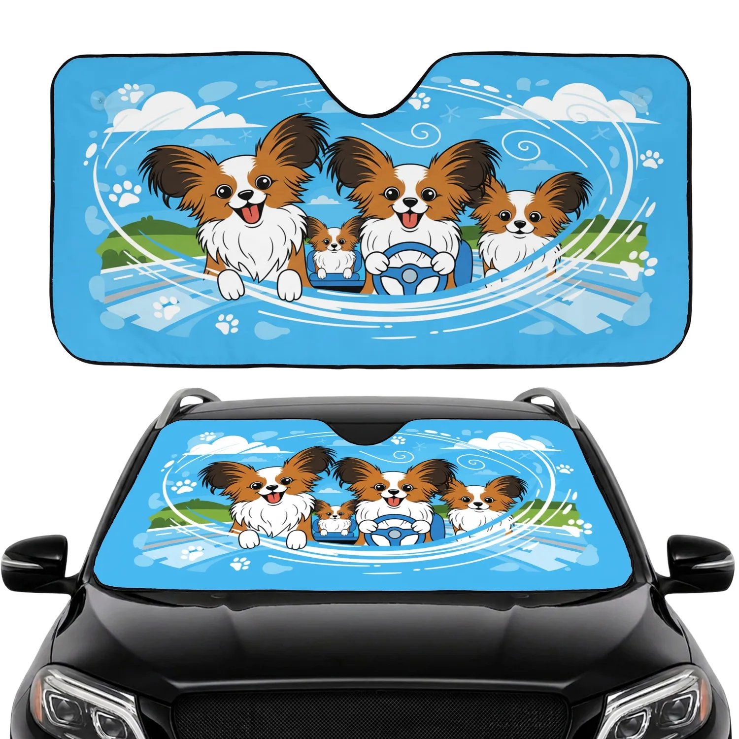 Papillon Dogs Driving Wind Streaks - Road Trip Lifestyle Gift for Dog Owners Car Sunshade - 1