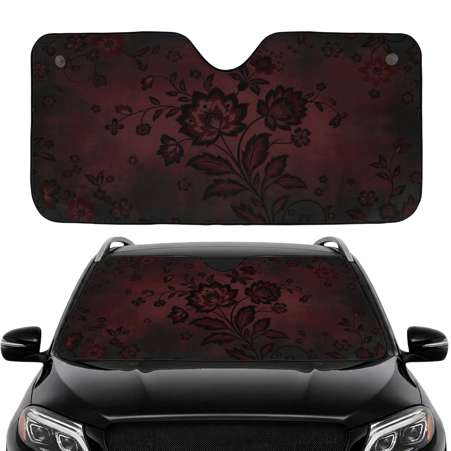 Distressed Crimson Black Floral Vines Blossoms Leaves - Home Decor Lifestyle Gift Car Sunshade - 1
