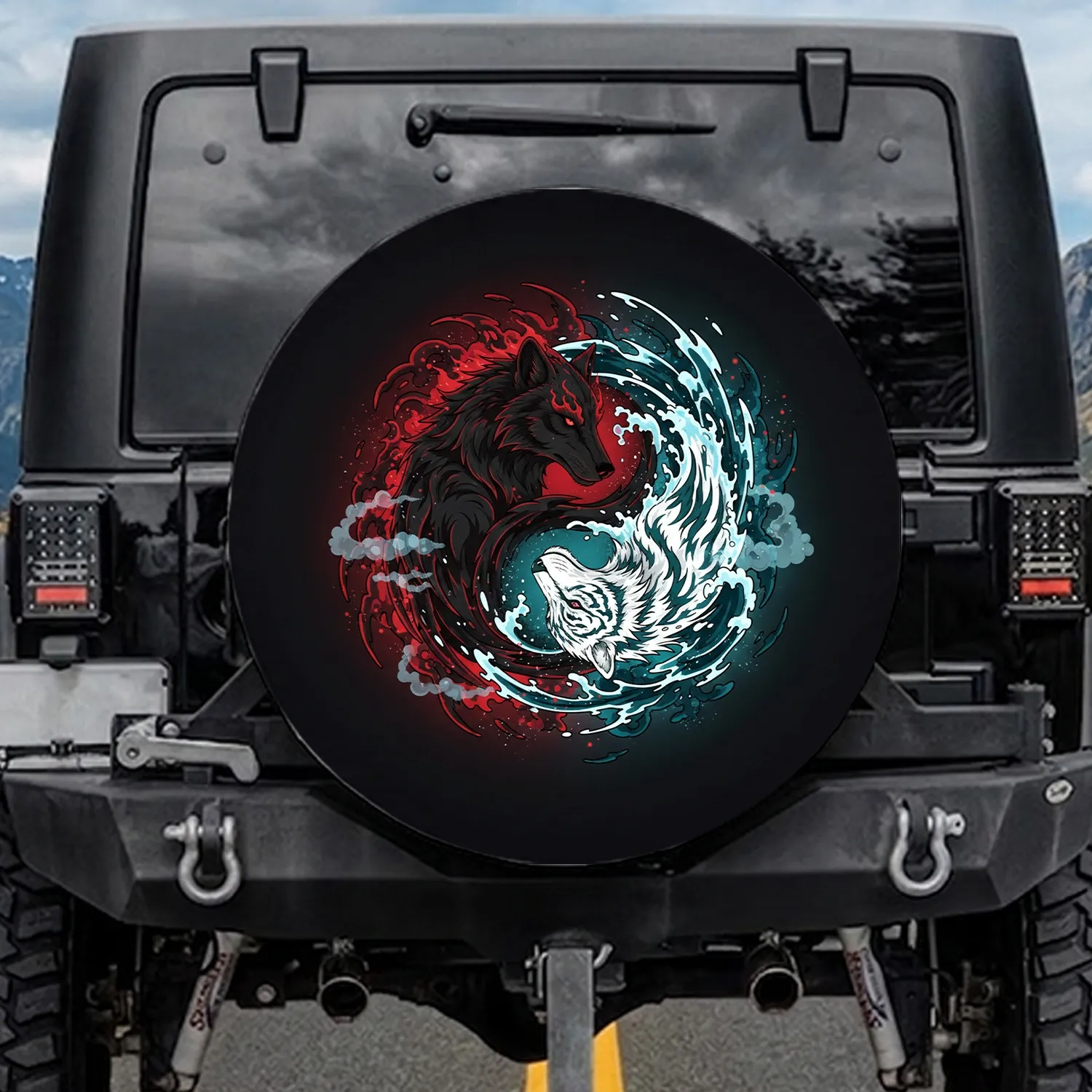 Black Wolf White Tiger Yin Yang Fire Water Cosmic Stardust Ethereal Mist Wildlife Lover Gift Spare Tire Cover - 1