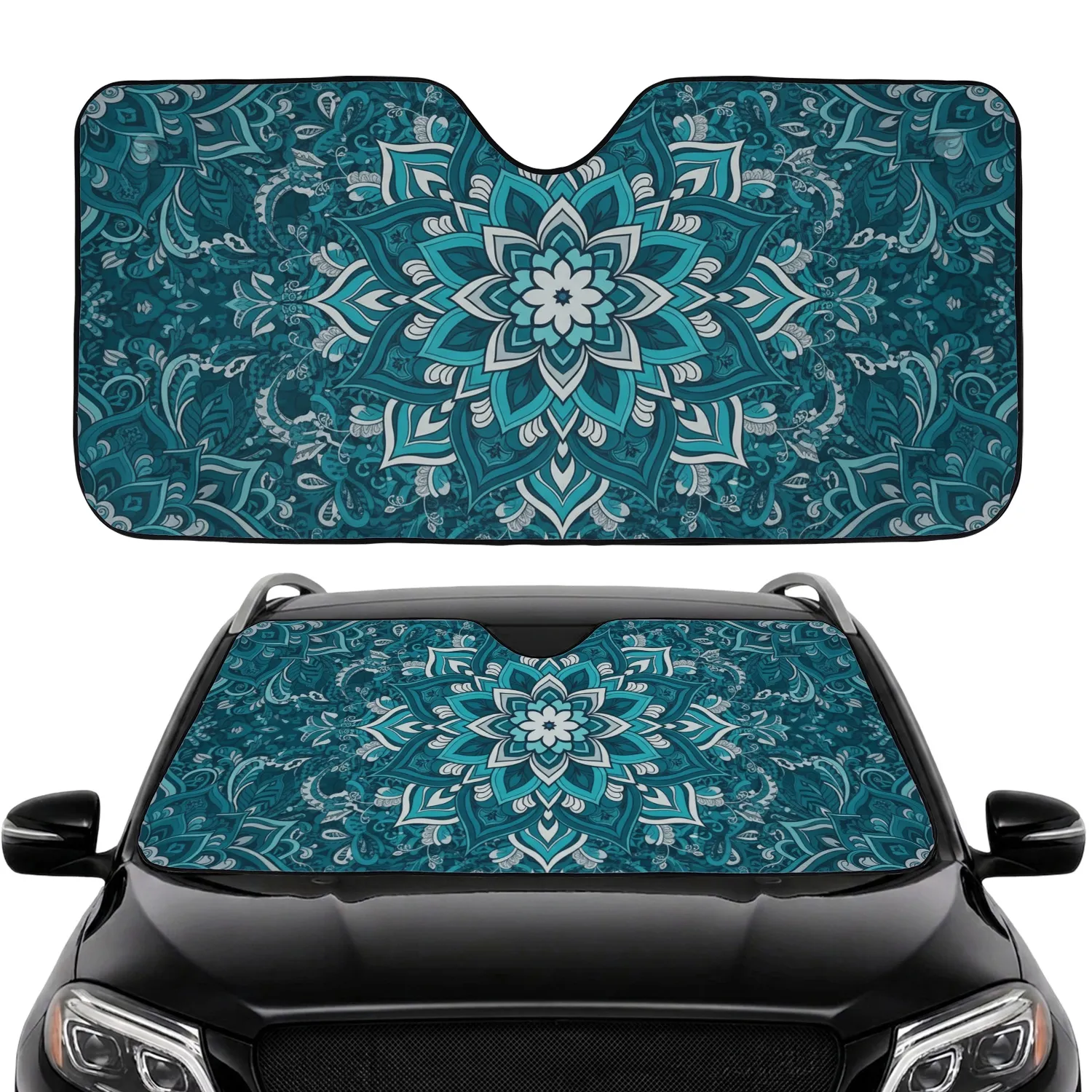 Teal Blue Mandala Flower Filigree Leaves - Boho Lifestyle Gift Car Sunshade - 1