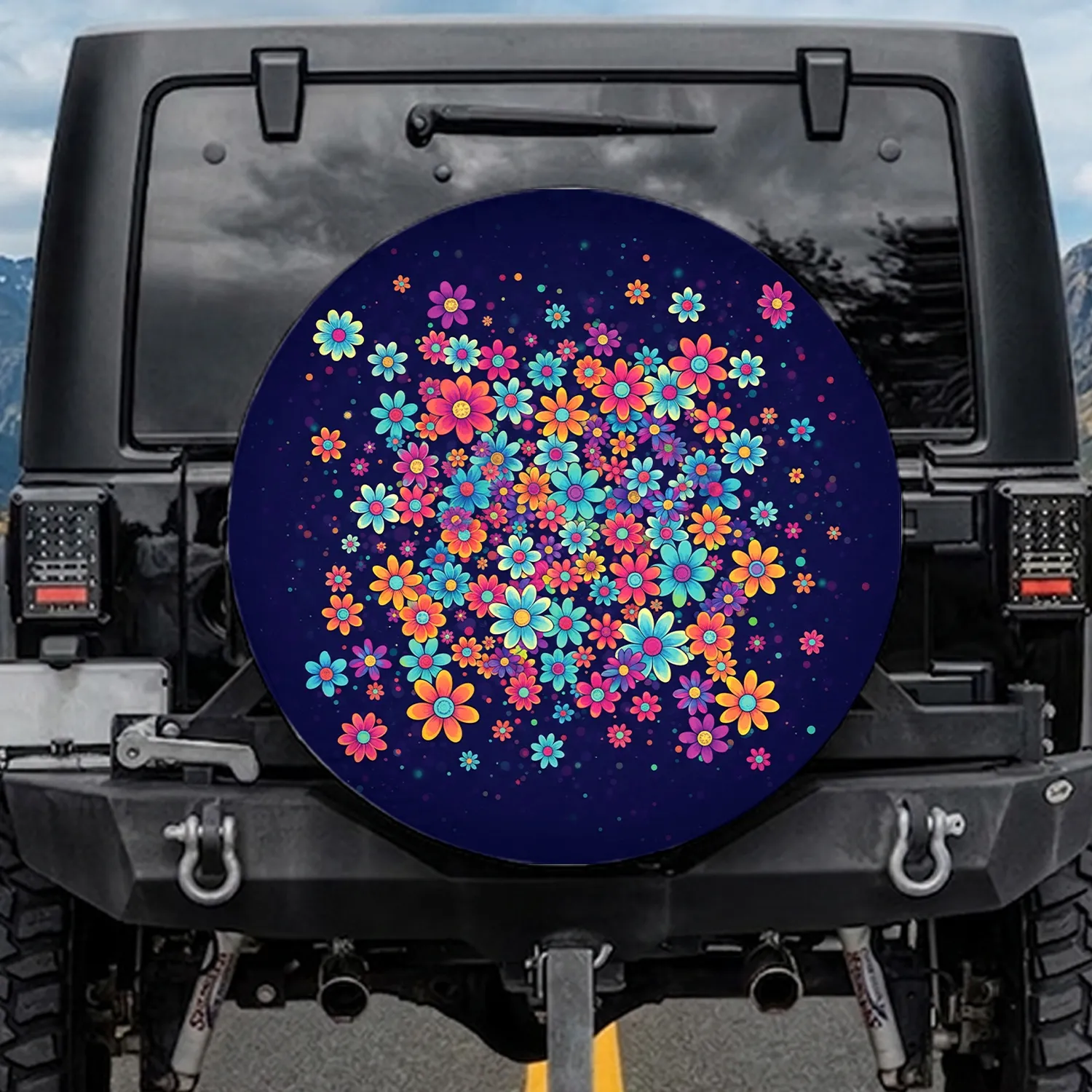 Psychedelic Daisy Flowers Cosmic Glow - Boho Lifestyle Home Decor Gift Spare Tire Cover - 1