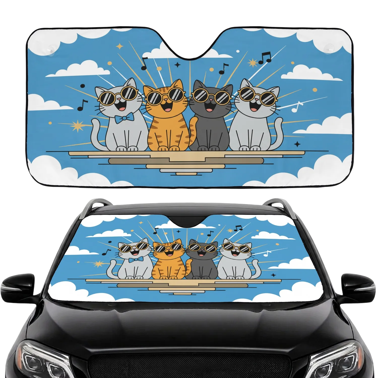 Happy Cats Vintage Sunglass Musical Notes Starbursts - Everyday Cat Lover Gift Car Sunshade - 1