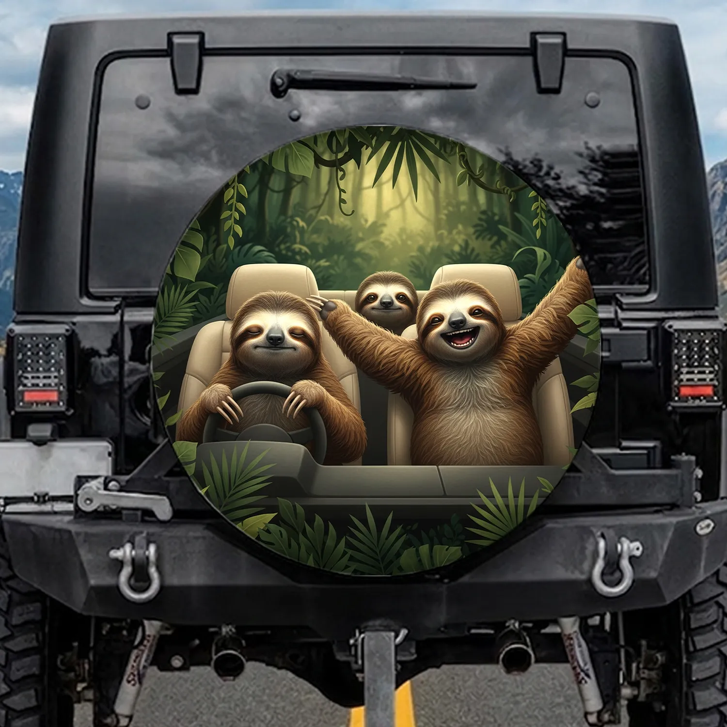 Two Sloths Driving Passenger Lush Tropical Foliage - Adventure Lover Gift Spare Tire Cover - 1