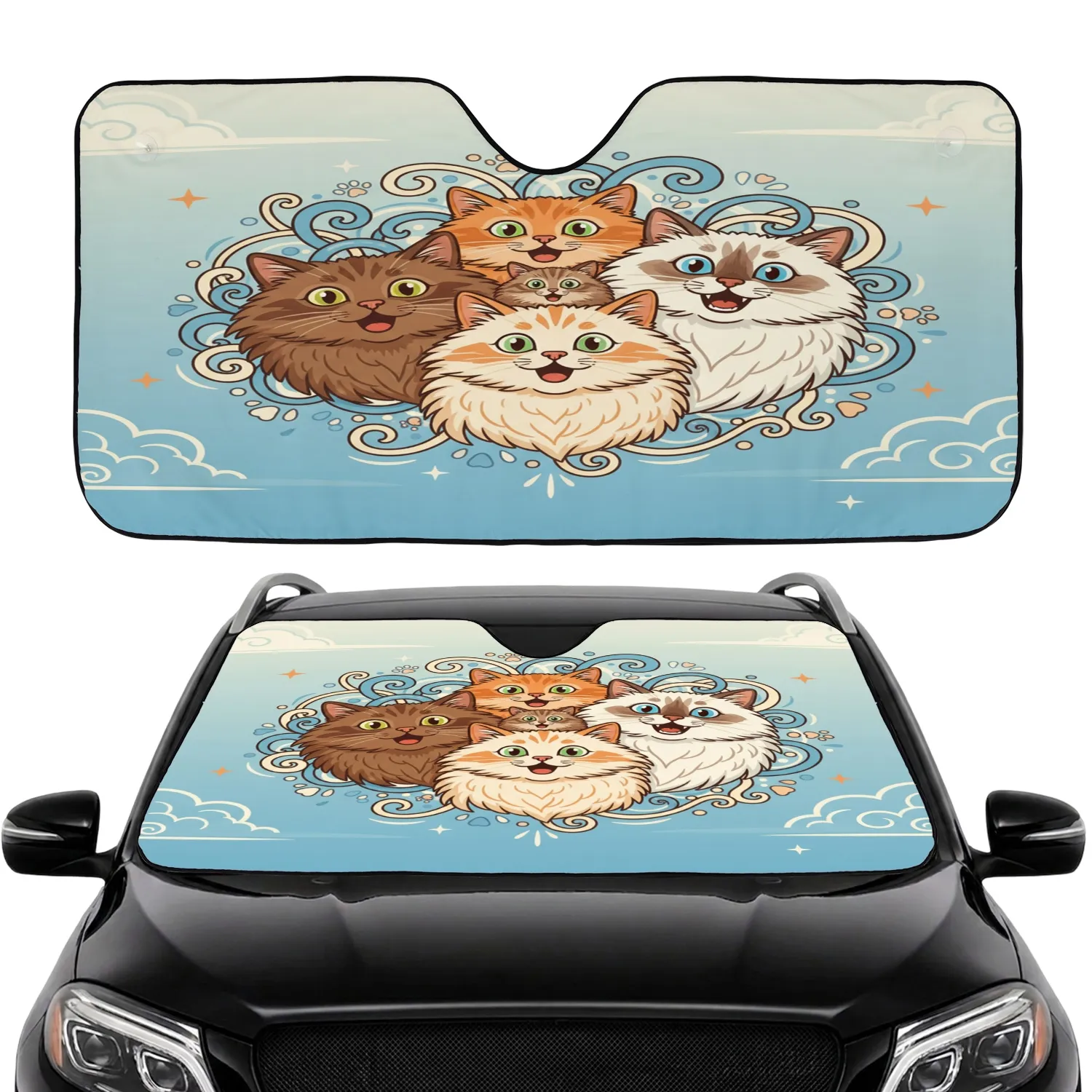 Fluffy Surprised Cats Wide-Eyed Faces Sky Blue Clouds - Everyday Travel Cat Lover Gift Car Sunshade - 1