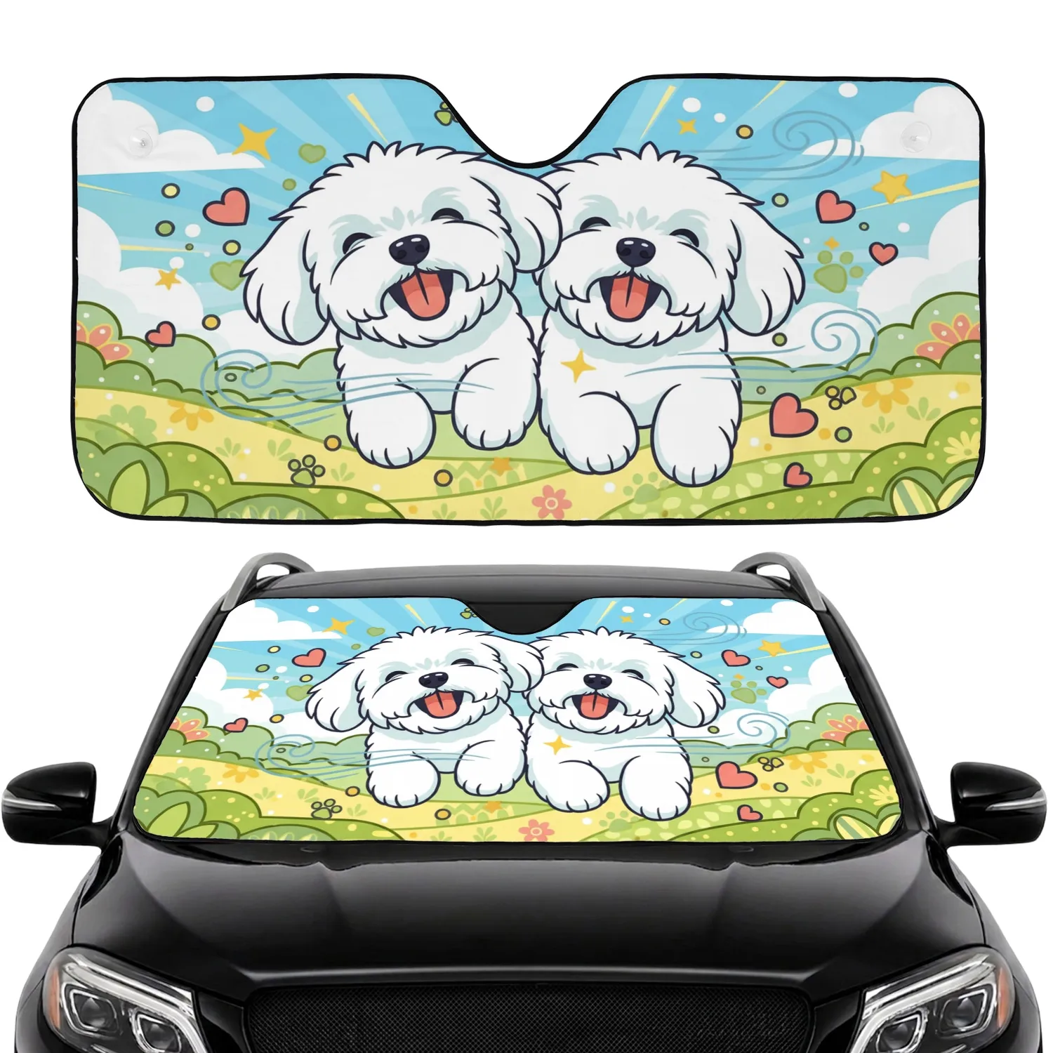 Happy Fluffy White Dogs Smiling Paw Prints Hearts Starbursts Joyful Pet Lover Gift Car Sunshade - 1