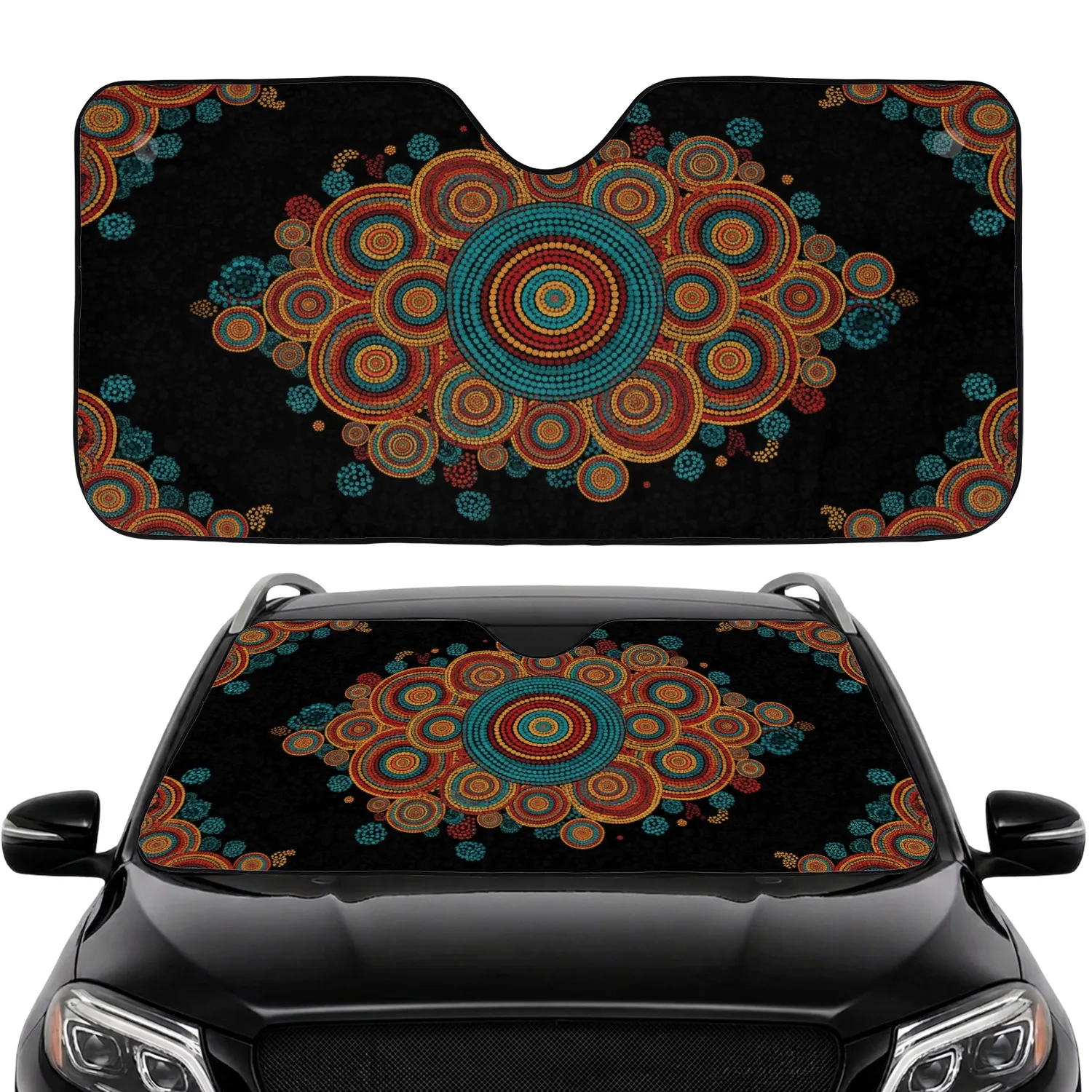 Black Teal Red Orange Yellow Dot Painting Mandala Concentric Circles - Home Decor Gift Car Sunshade - 1
