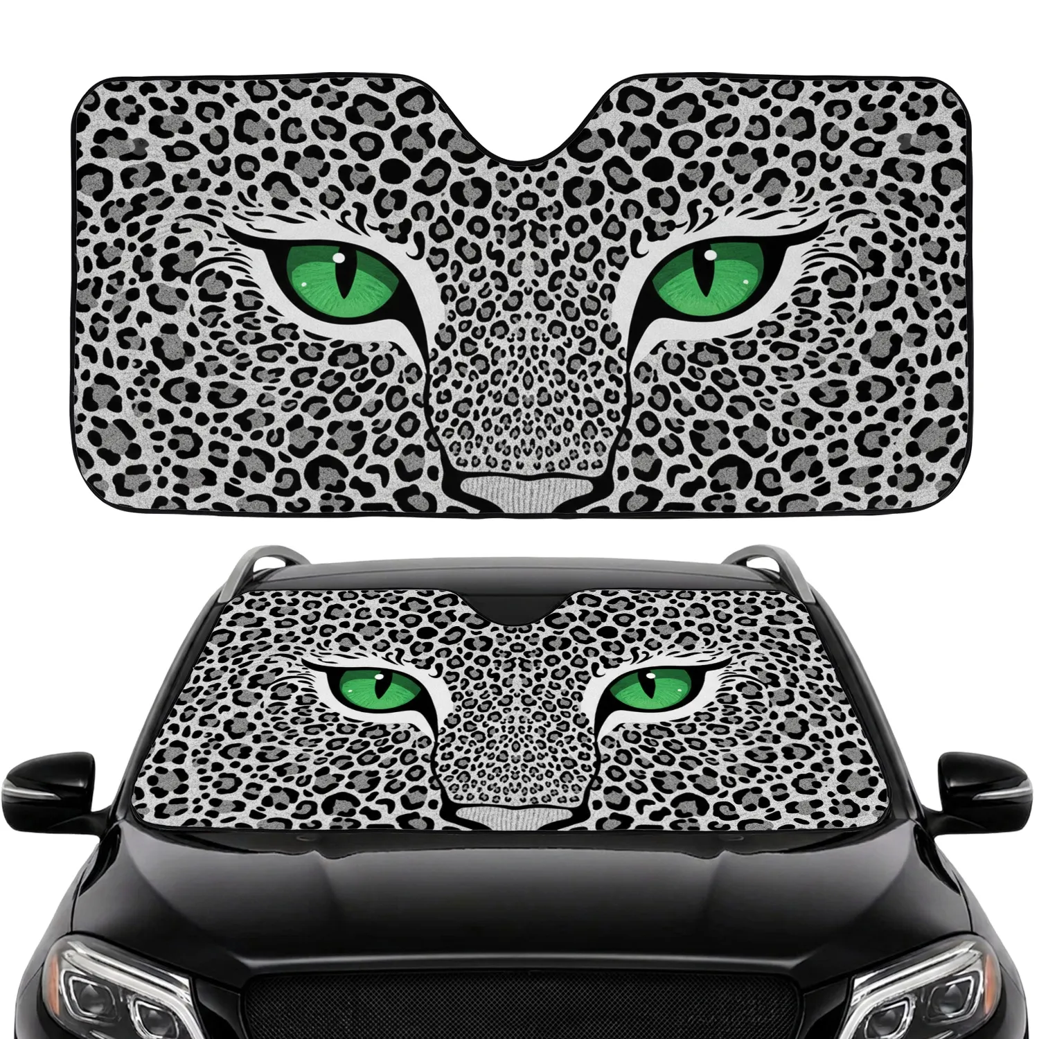 Piercing Emerald Green Feline Eyes Wild Black White Leopard Fur - Gift for Wildlife Lovers Car Sunshade - 1