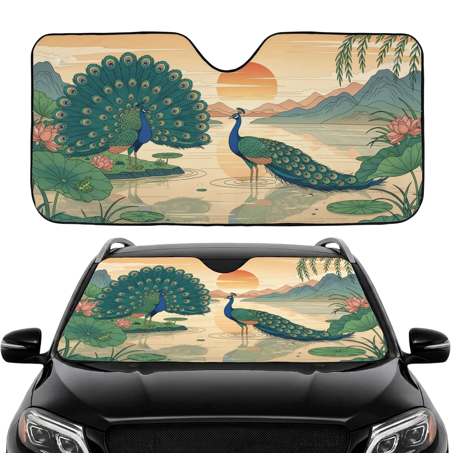 Two Peacocks Lotus Sky Landscape - Wildlife Lover Home Decor Gift Car Sunshade - 1