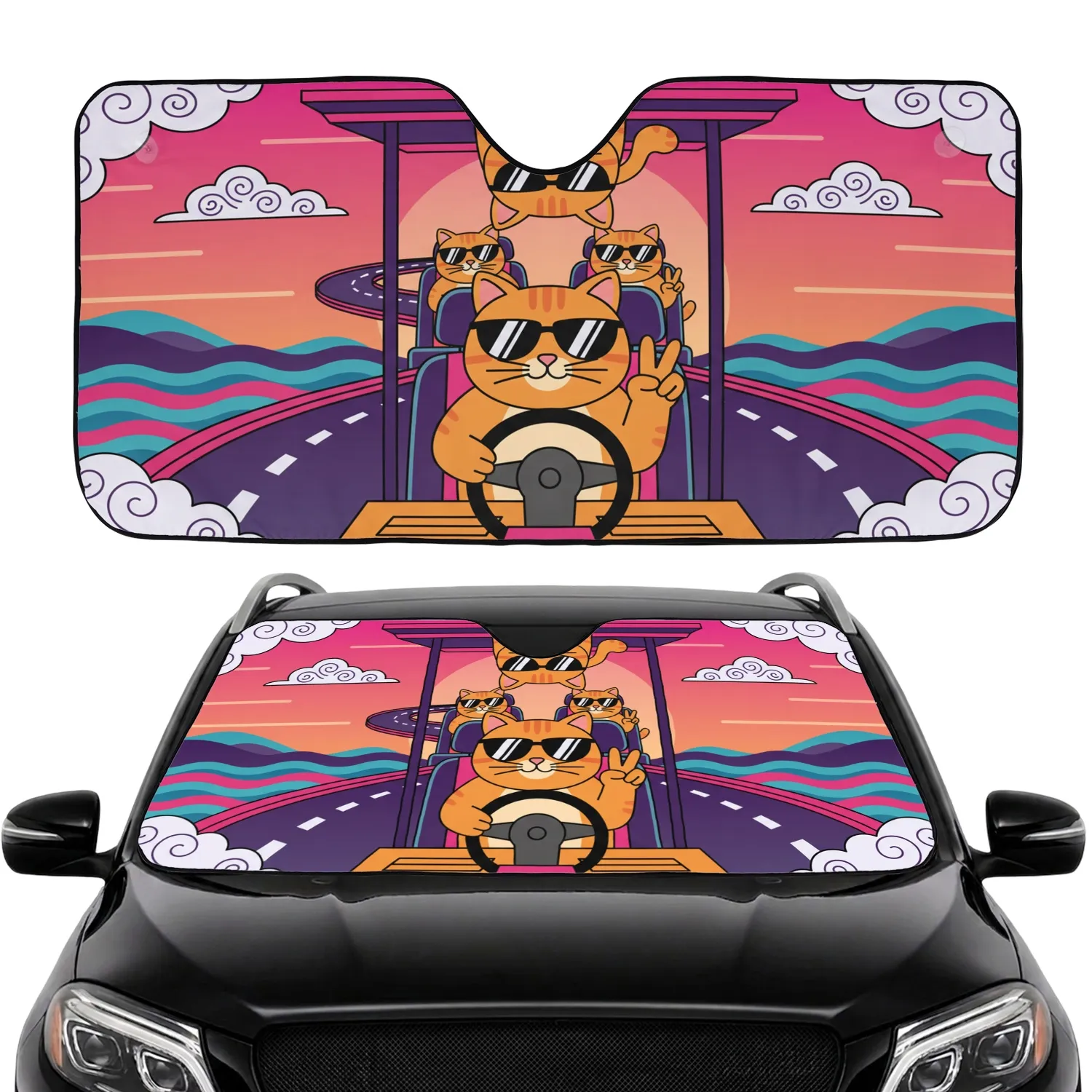 Ginger Cats Road Trip with Sunglasses - Wildlife Lover Travel Gift for Cat Owners Car Sunshade - 1