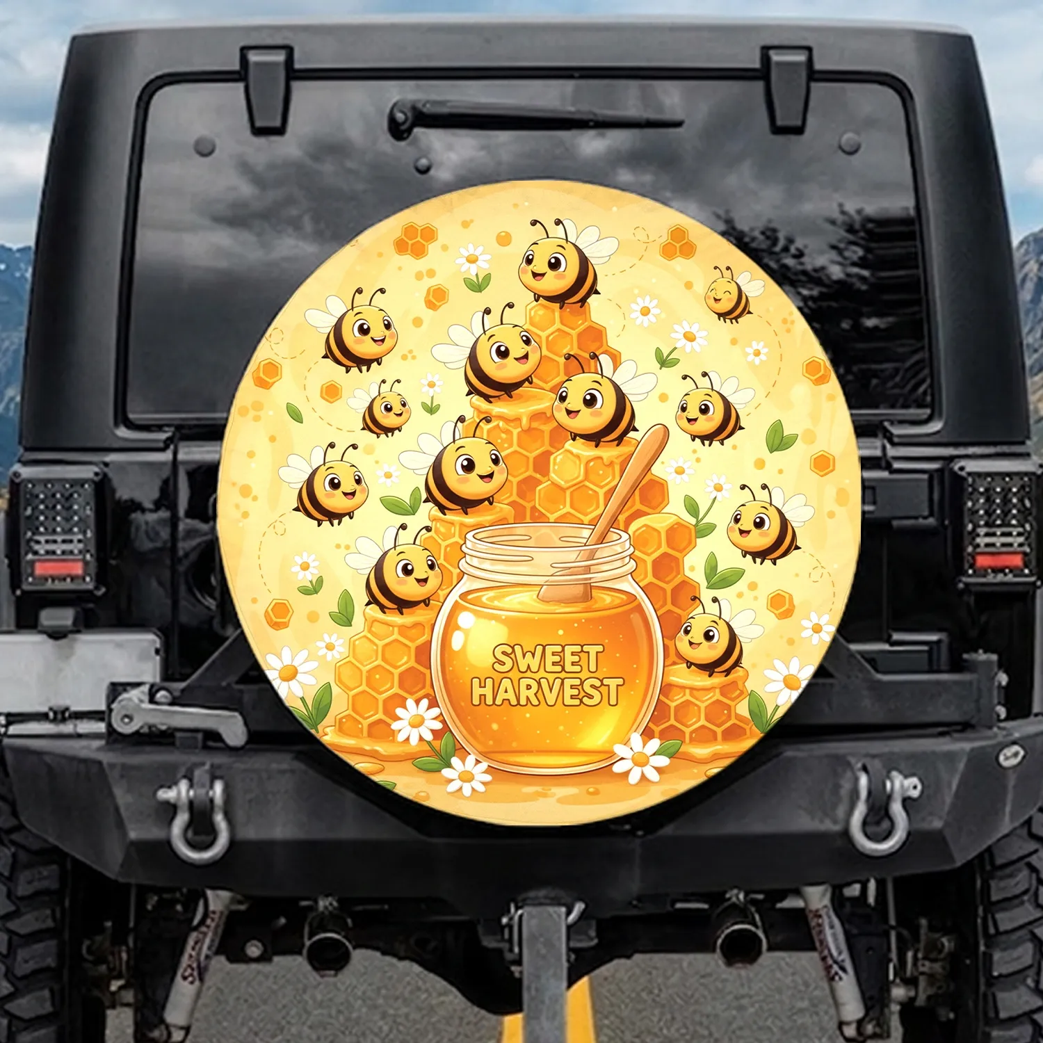 Plump Bees Honey Jar Honeycomb Daisies - Bee Lover Gift Spare Tire Cover - 1