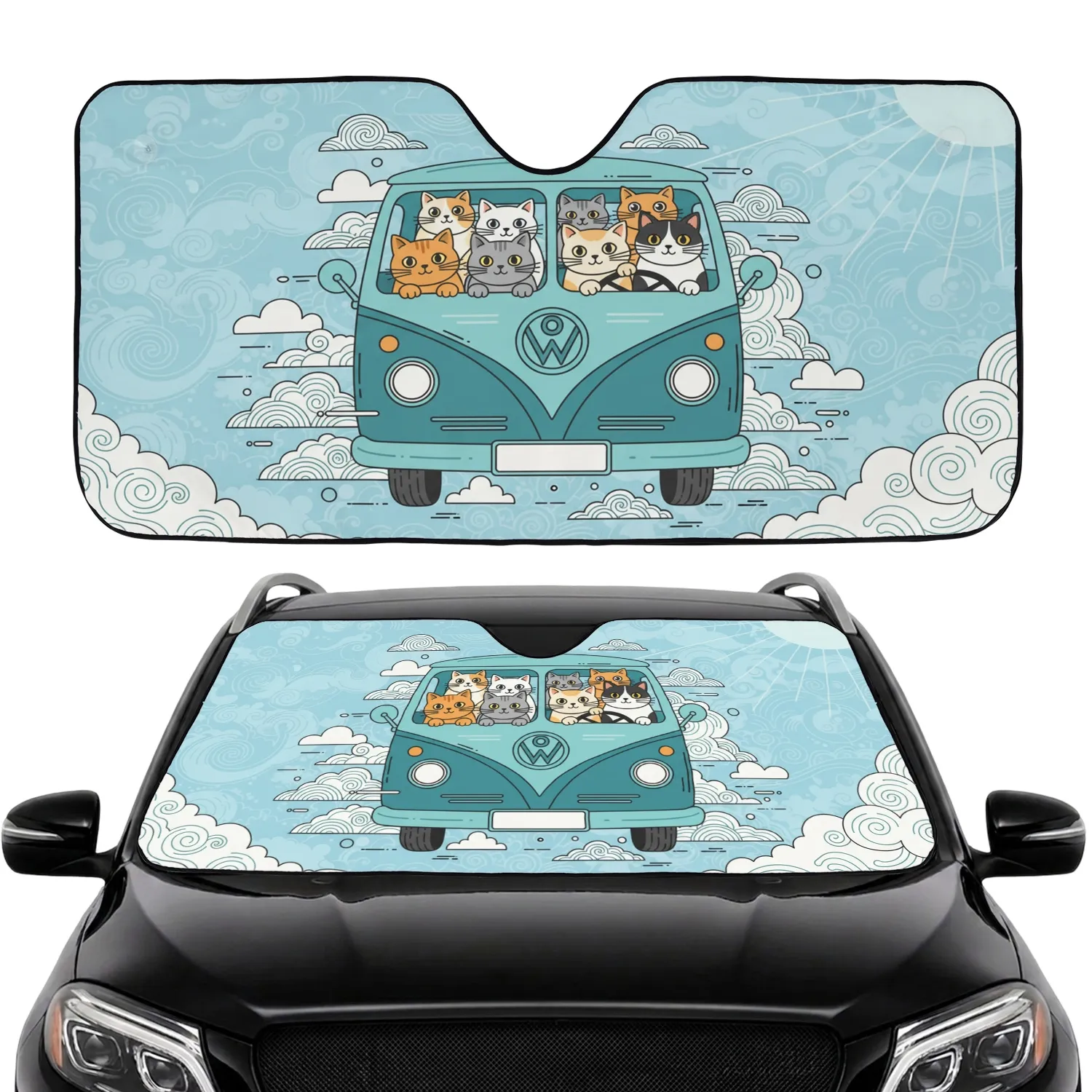Six Cats Vintage Van Road Trip - Travel Essentials Gift for Cat Lover Car Sunshade - 1