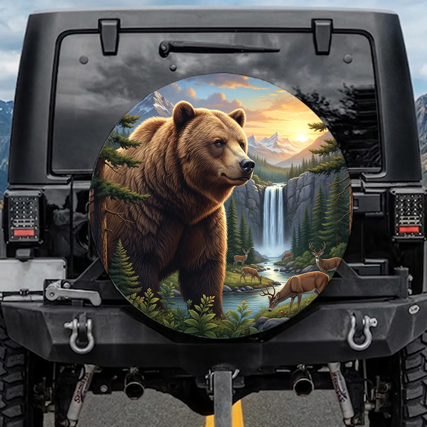 Grizzly Bear Deer Mountain River Sunset - Wildlife Lover Gift Spare Tire Cover - 1