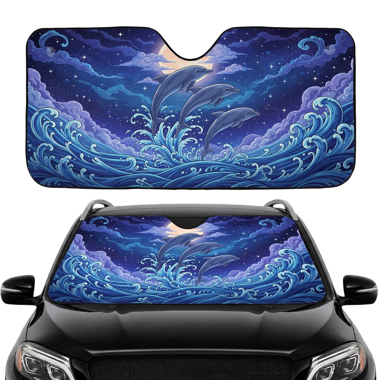Three Leaping Dolphins Ocean Waves Full Moon Cosmic Night Sky Clouds - Ocean Lover Gift Car Sunshade - 1