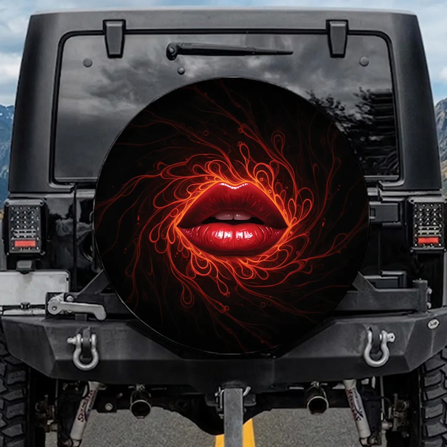 Luscious Crimson Red Lips Swirling Energy Lines Tendrils - Lifestyle Decor Gift Spare Tire Cover - 1