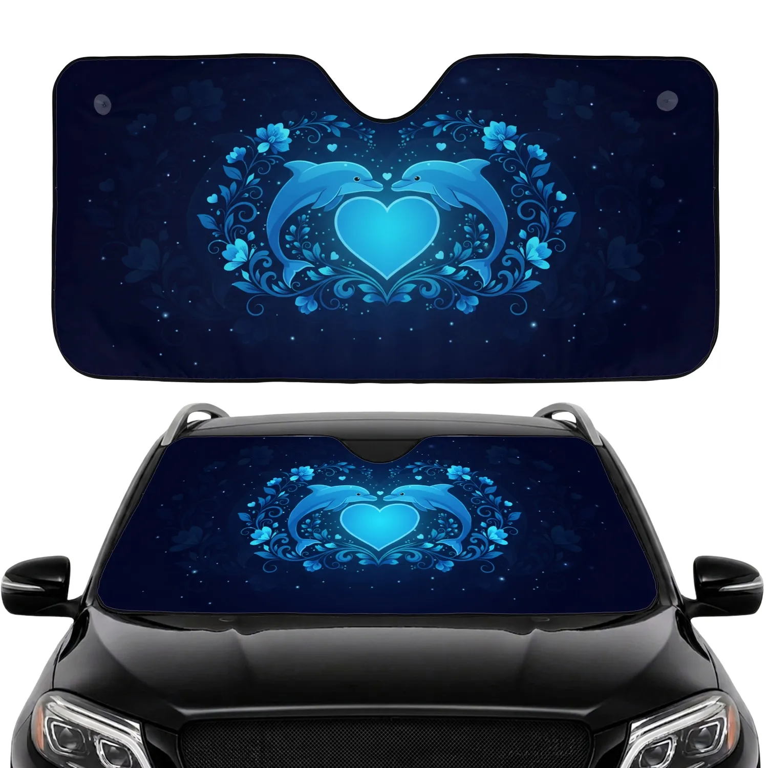 Blue Dolphins Glowing Heart Twinkling Stars Aquatic Floral - Ocean Lover Gift Car Sunshade - 1