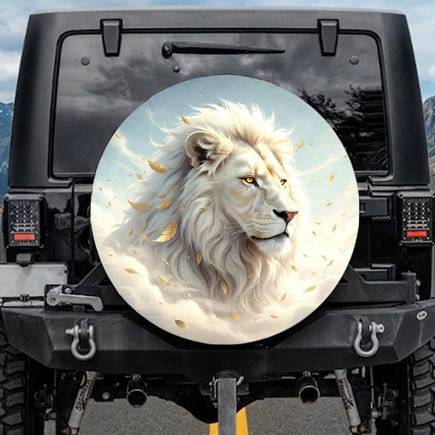 Majestic White Lion Golden Mane Sky - Wildlife Lover Home Decor Gift Spare Tire Cover - 1