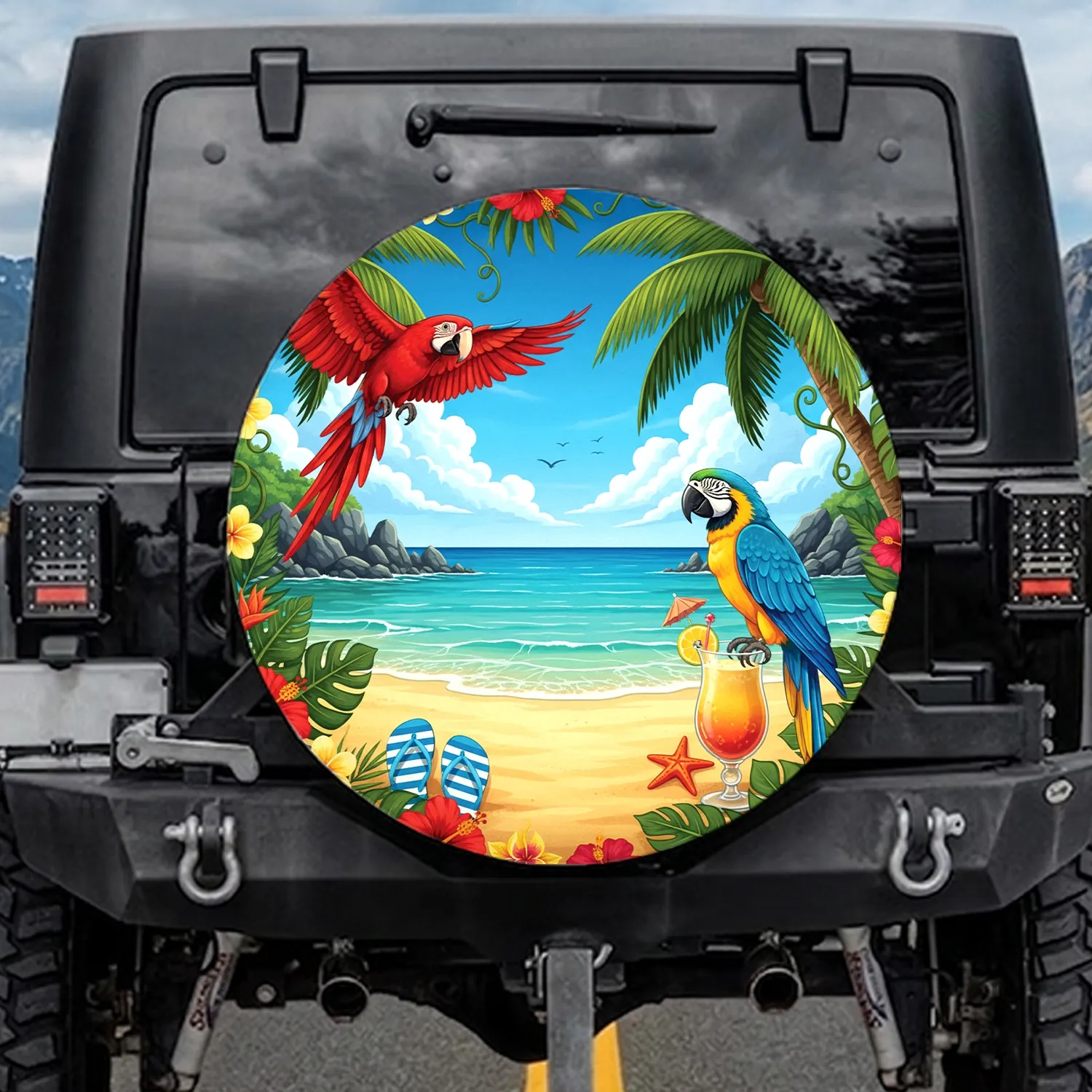 Red Blue Macaw Tropical Paradise Beach Ocean Palm Tree Flora - Wildlife Lover Gift Spare Tire Cover - 1