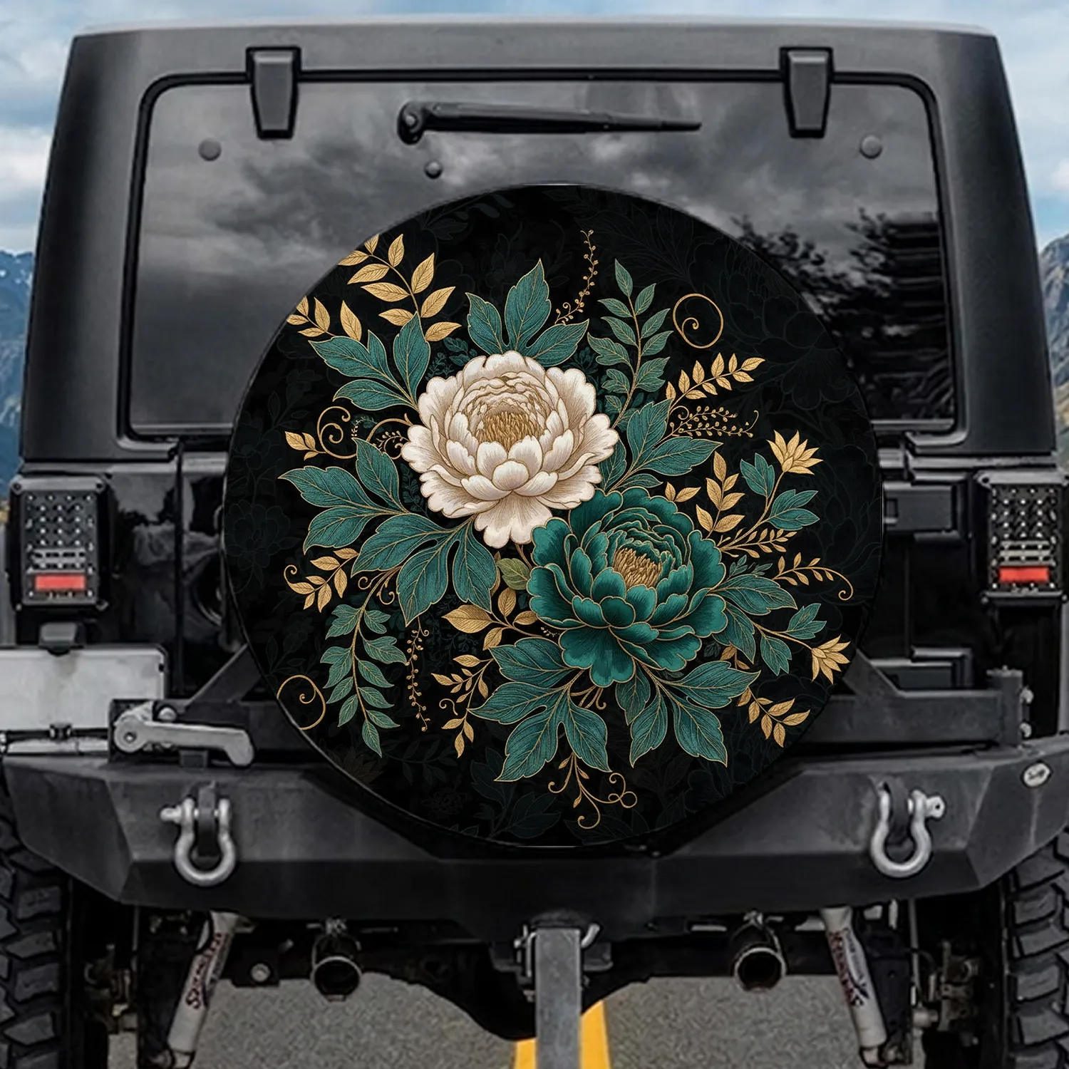 Cream Teal Peony Gold Botanical Leaves Tendrils Floral Outlines Garden - Home Decor Gift Spare Tire Cover - 1