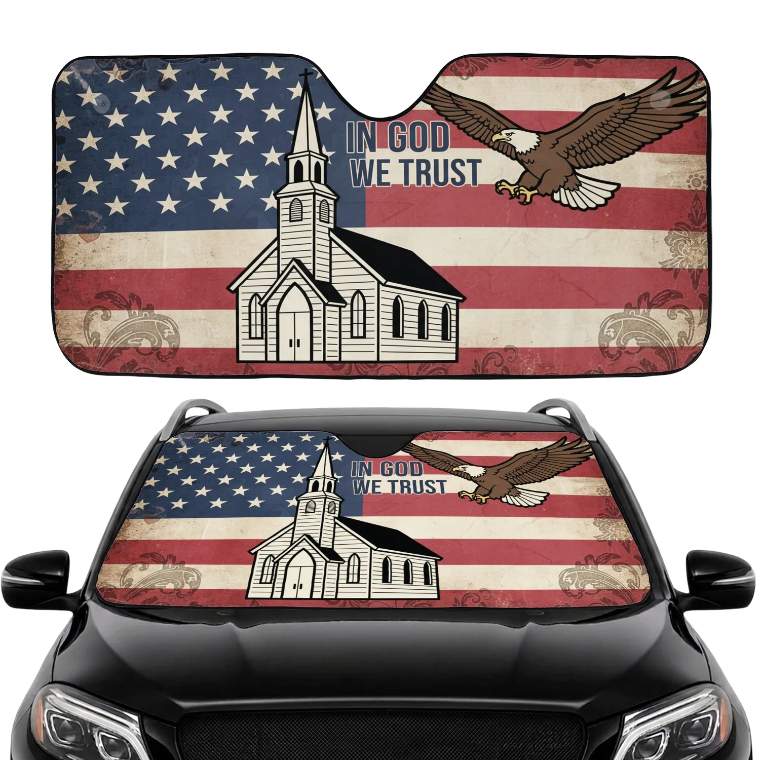 Church Bald Eagle American Flag Patriotic Faith Home Decor Gift for Veterans Car Sunshade - 1