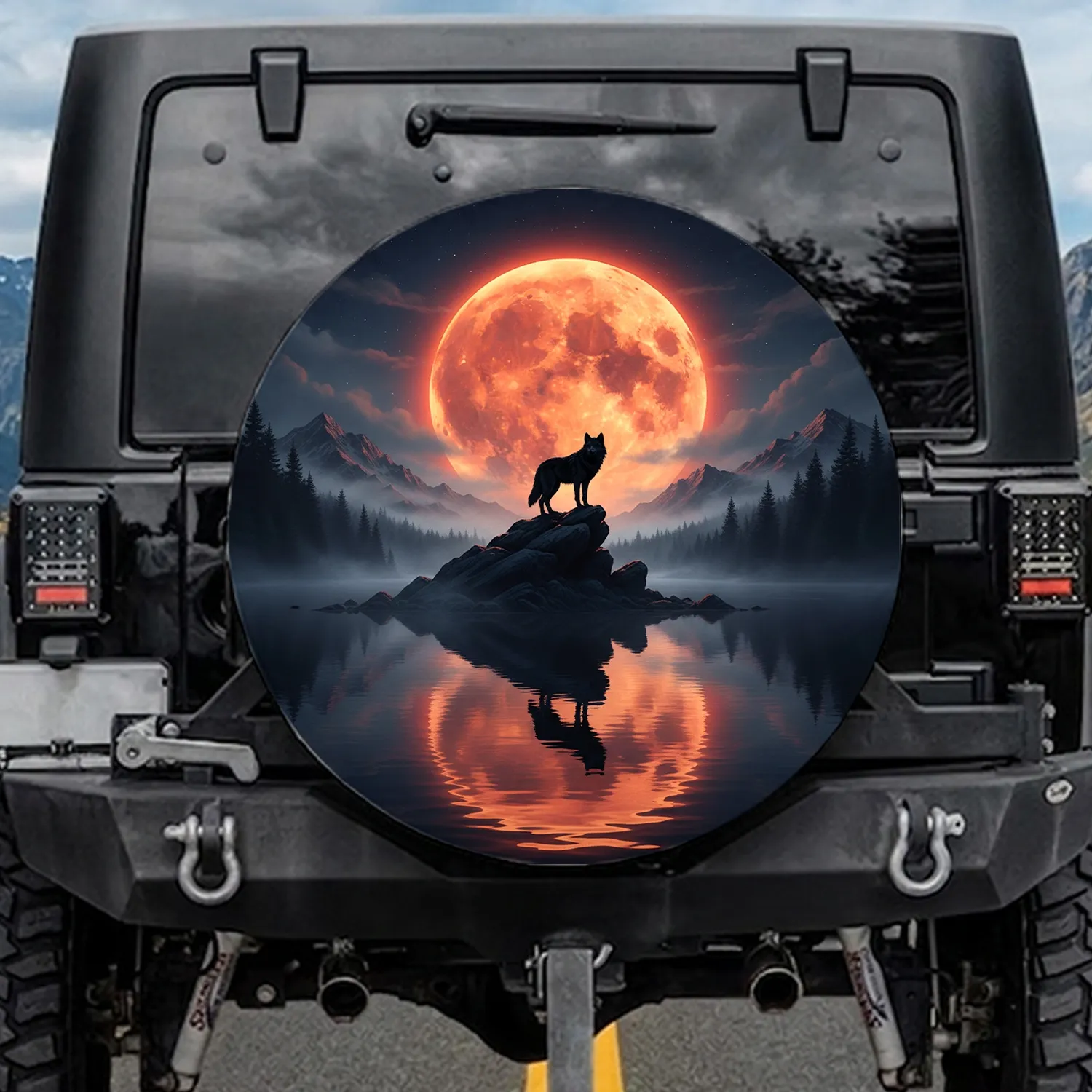 Majestic Lone Wolf Full Moon Cliff Lake - Wildlife Lover Gift for Wolf Lovers Spare Tire Cover - 1