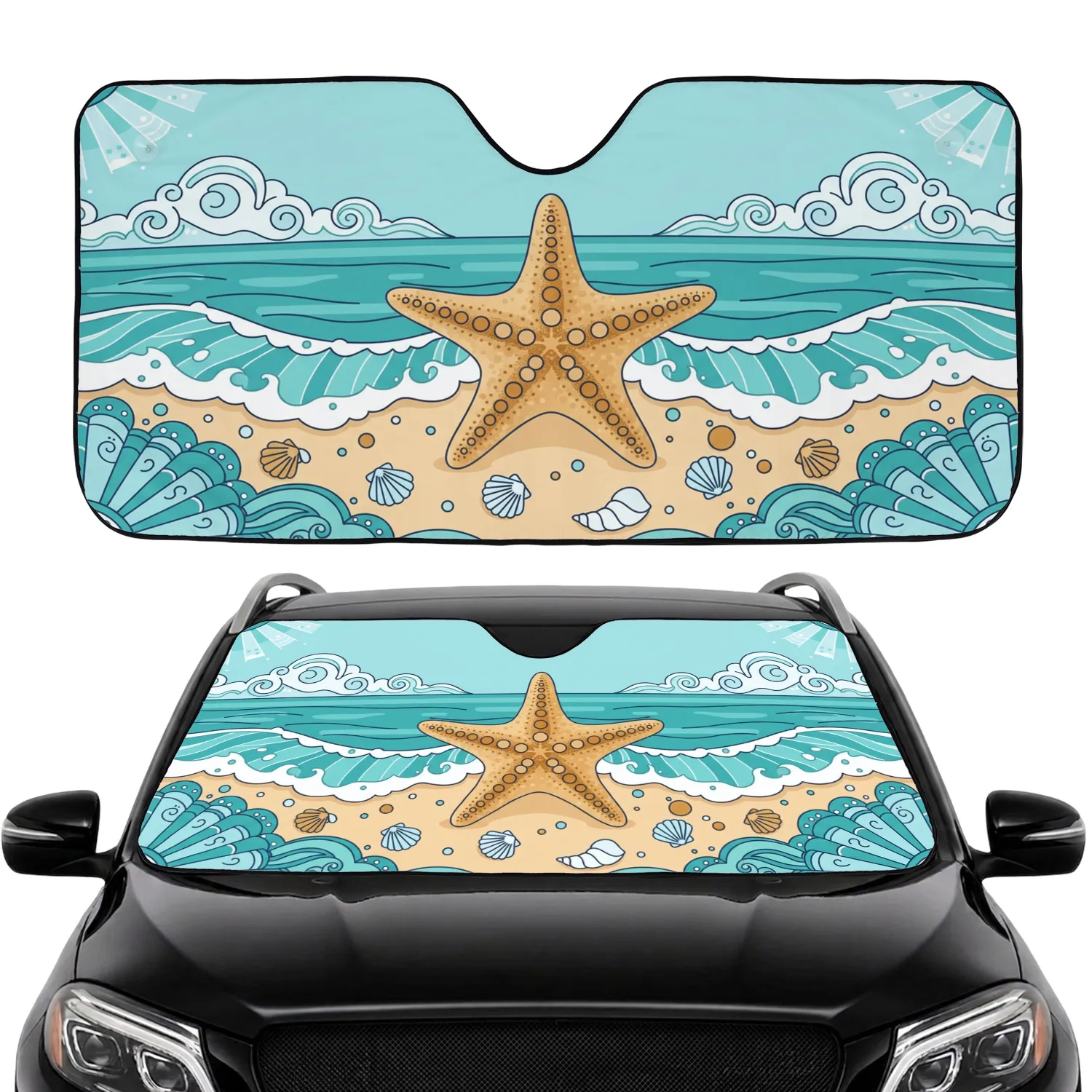Starfish Seashell Sandy Beach Ocean Waves Sky Cloud - Home Decor Gift for Marine Lover Car Sunshade - 1