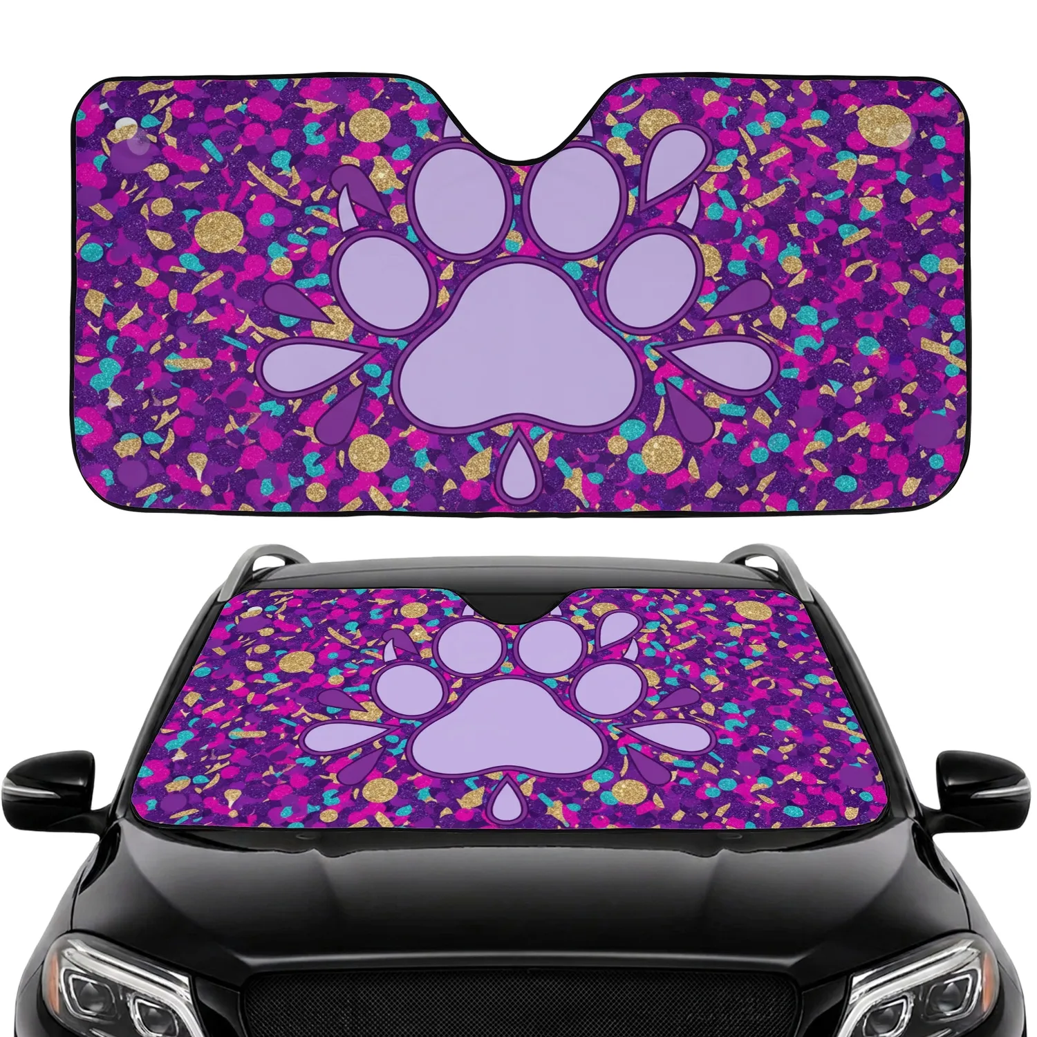 Paw Print Lavender Purple Teal Gold Confetti Shapes - Everyday Auto Accessory for Pet Lovers Car Sunshade - 1