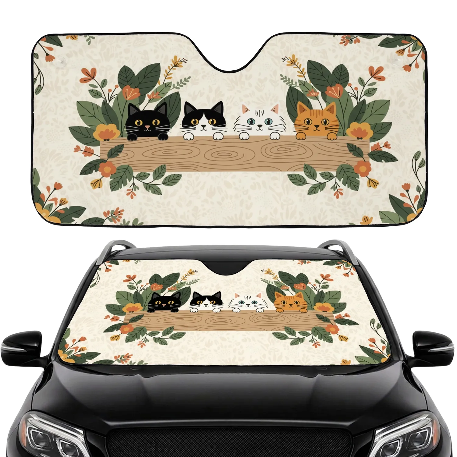 Curious Cats Floral Leaves Wooden Plank - Rustic Home Decor Gift for Cat Lover Car Sunshade - 1