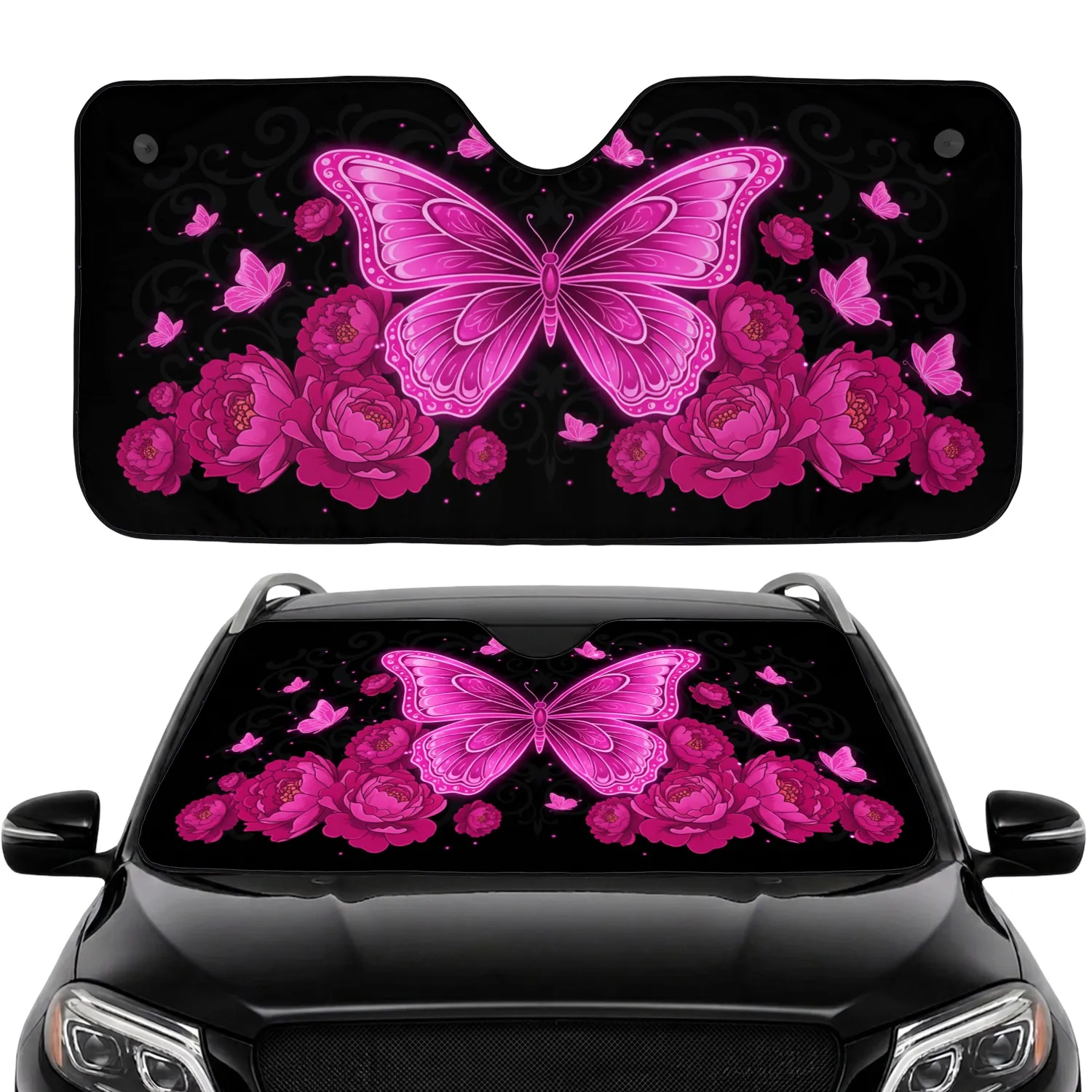 Fuchsia Butterfly Peony Floral Pink Butterflies Swirls Black - Nature Lover Gift Car Sunshade - 1