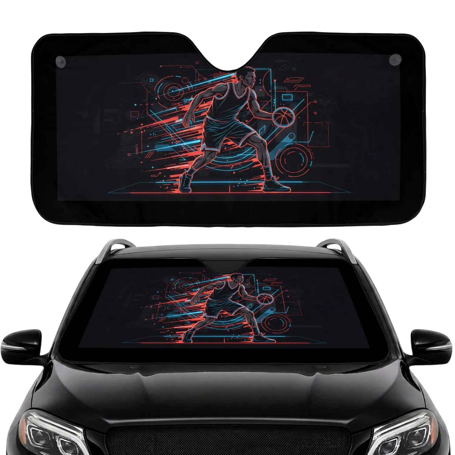 Basketball Player Dribbling Neon Streak Motion Outline - Sports Fan Gift for Athletes Car Sunshade - 1