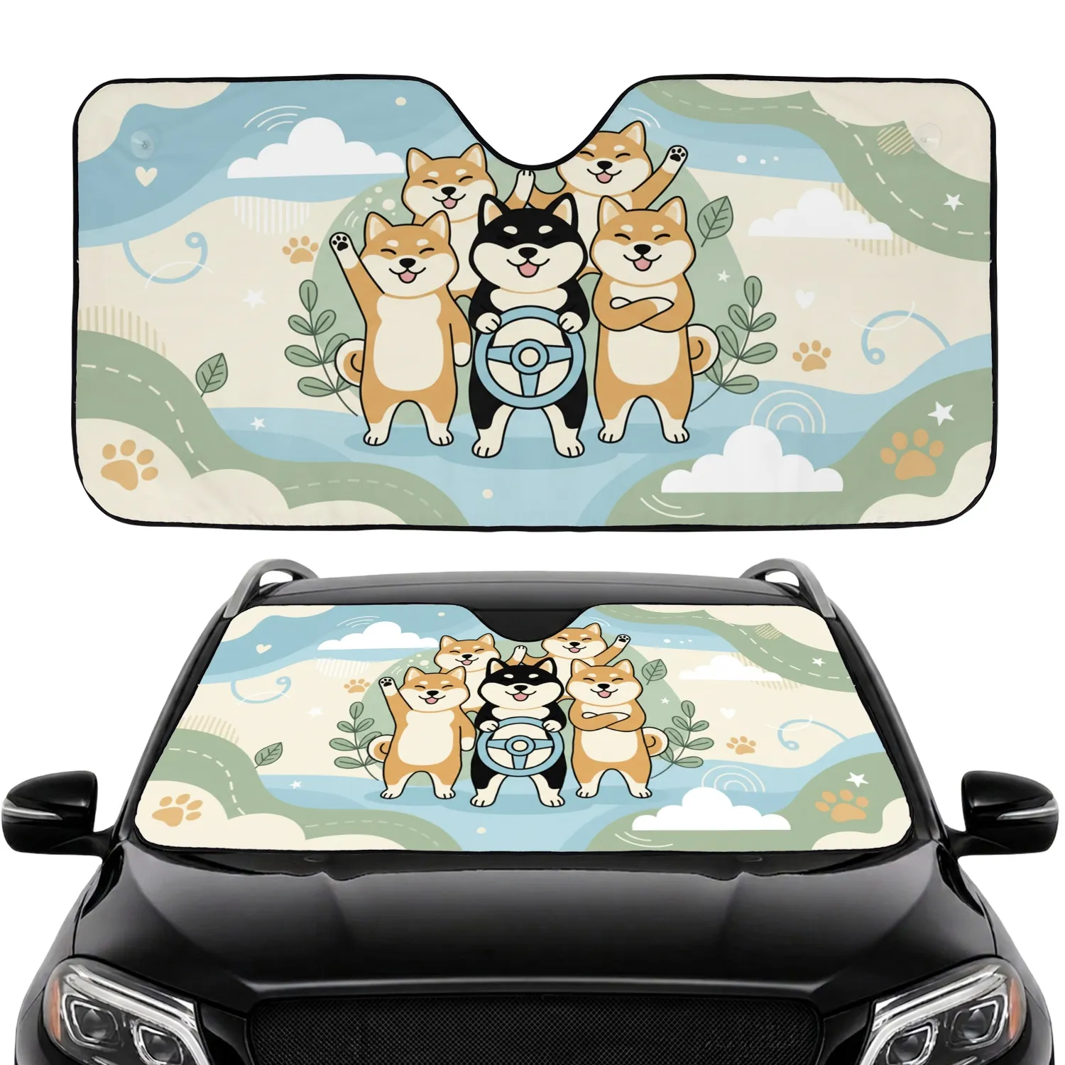 Cheerful Shiba Inu Dogs Steering Wheel Adventure - Road Trip Travel Gift for Dog Lover Car Sunshade - 1