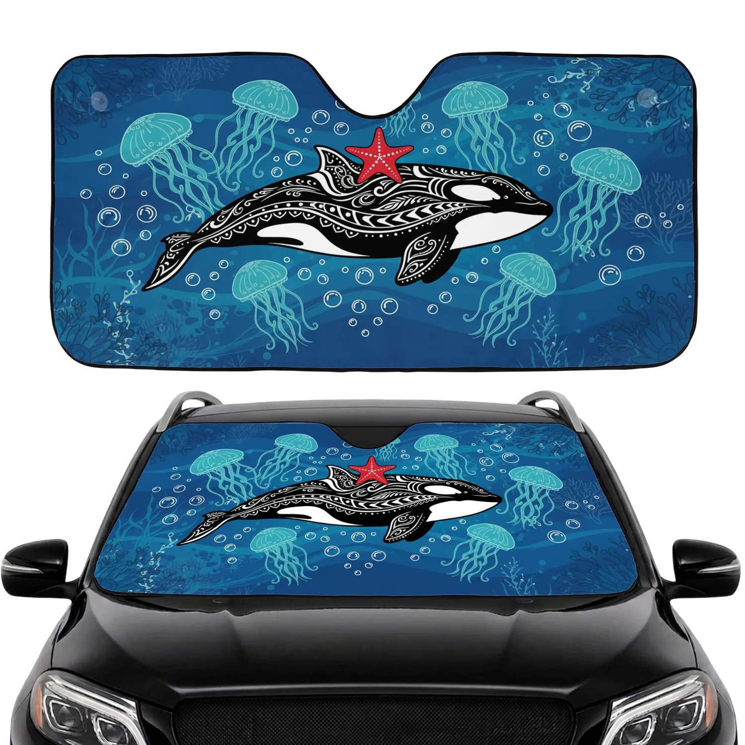 Tribal Orca Starfish Jellyfish Waves - Ocean Wildlife Lover Gift Car Sunshade - 1