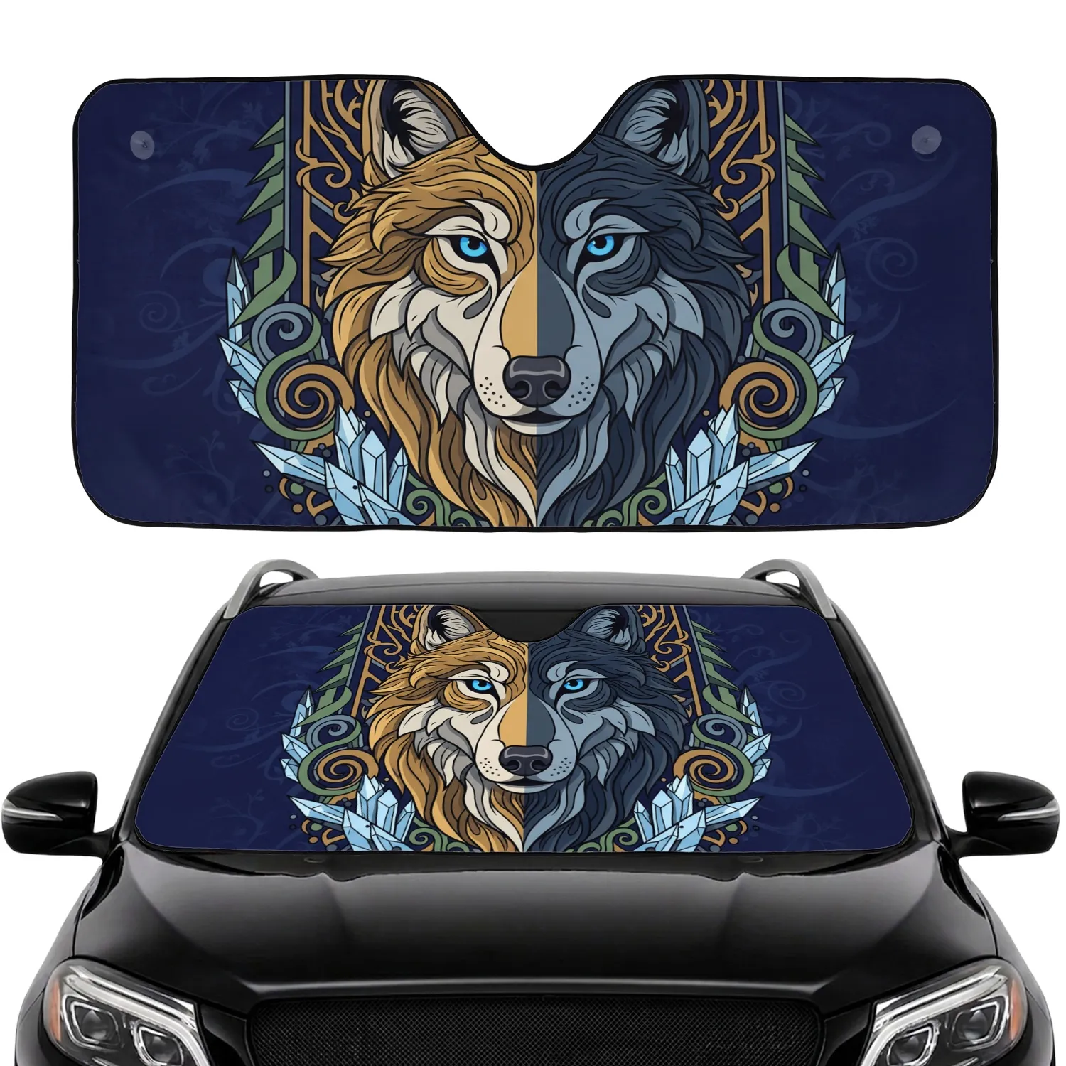 Majestic Wolf Electric Blue Eyes Ancient Forest Ice Mist - Wildlife Lover Gift Car Sunshade - 1