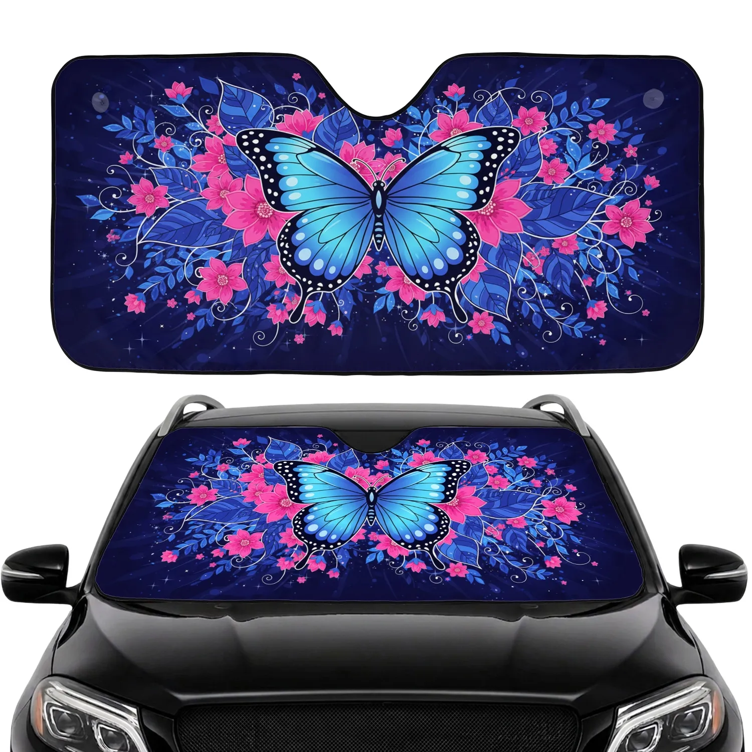 Blue Morpho Butterfly Pink Floral Fantasy Stars - Wildlife Lover Gift Car Sunshade - 1