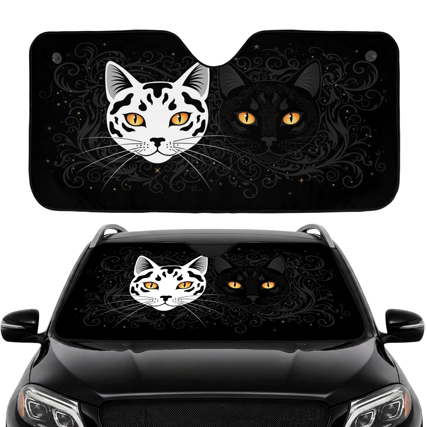 Black White Cat Faces Amber Eyes Charcoal Gold Swirl - Home Decor Gift for Cat Lover Car Sunshade - 1