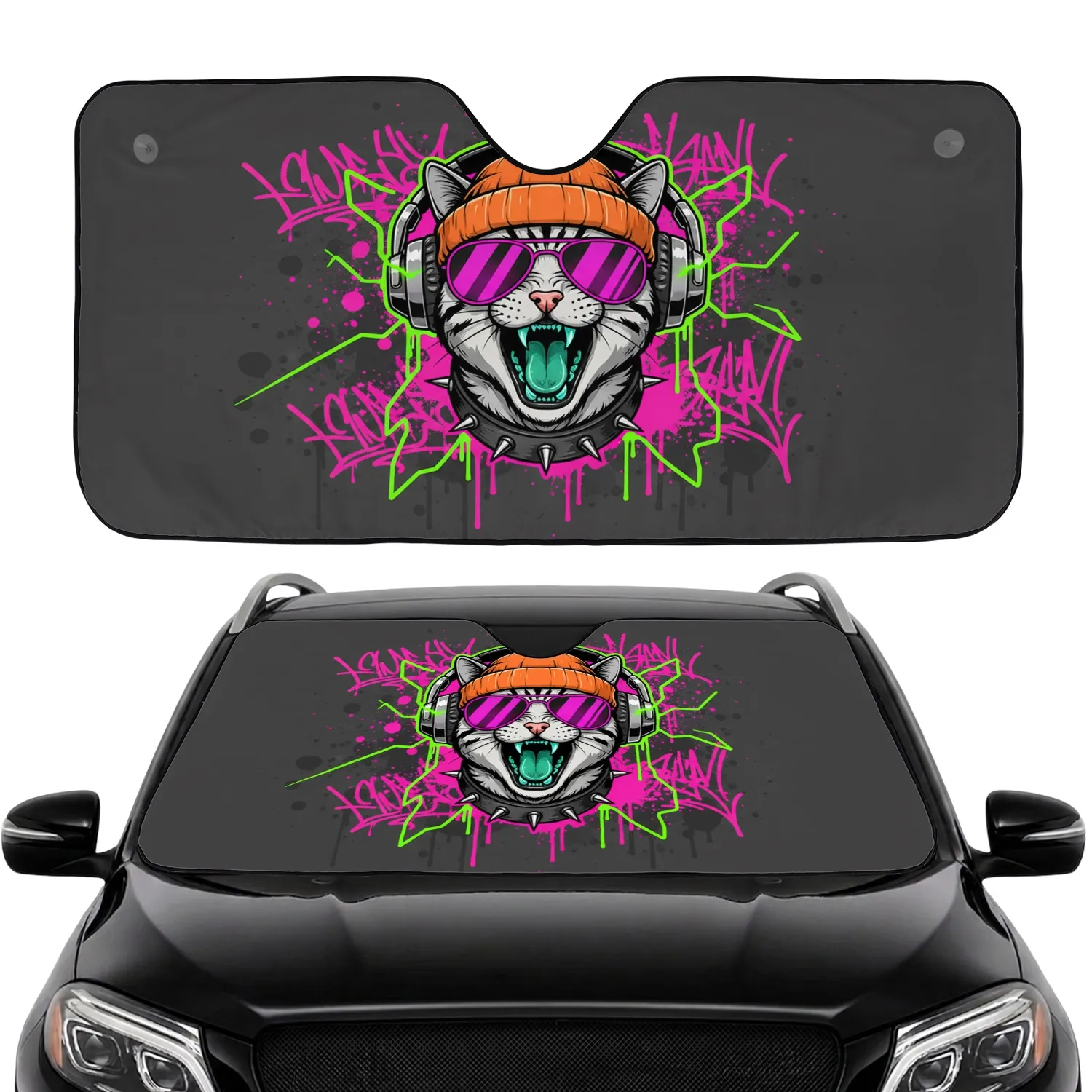 Tabby Cat Sunglasses Beanie Fangs Headphones Neon Graffiti Travel Lover Gift Cat Lover Gift Car Sunshade - 1