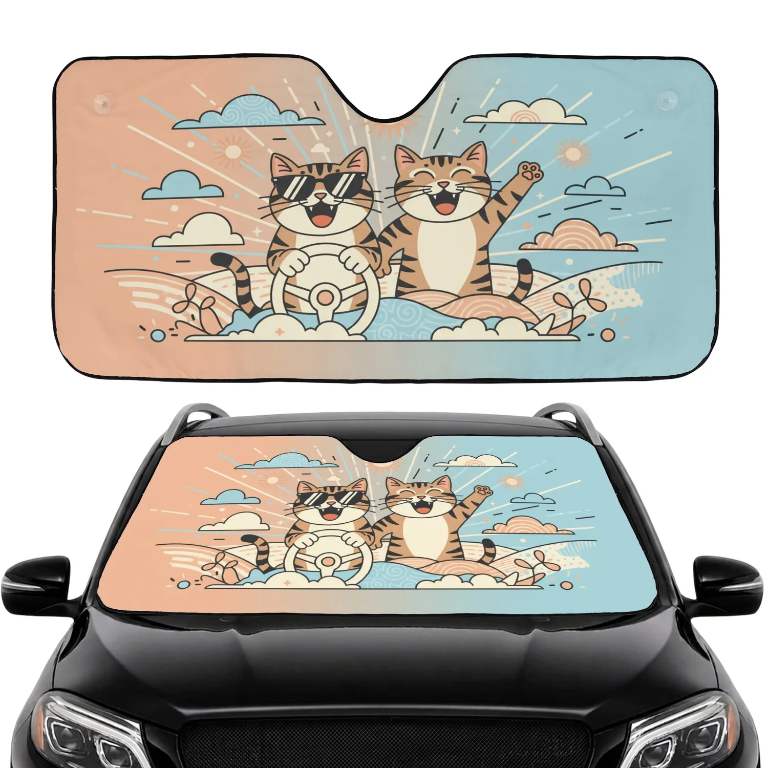 Joyful Tabby Cats Road Trip - Travel Essentials Gift Car Sunshade - 1