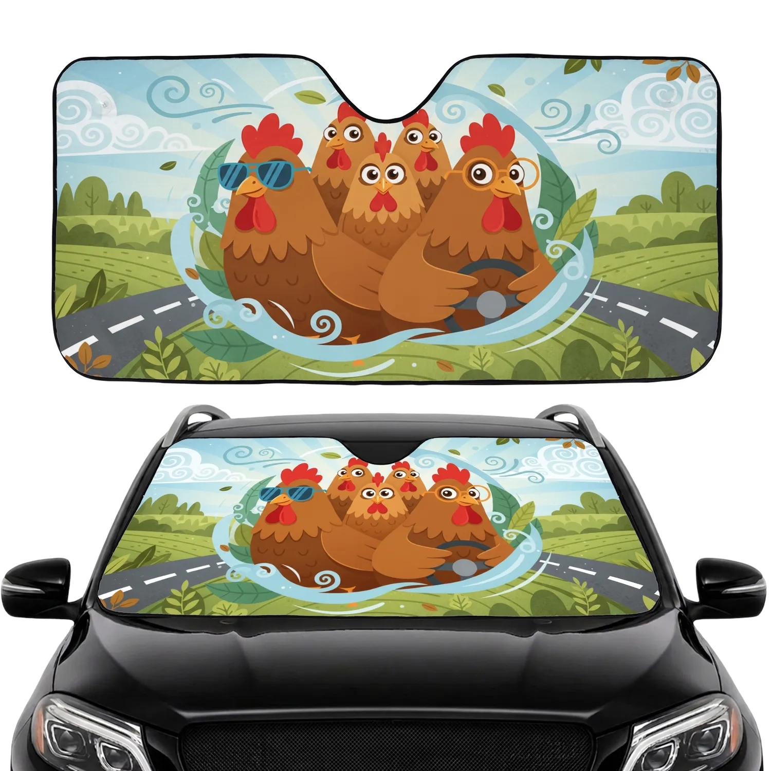 Cartoon Chickens Driving Sunglasses Road Trip Travel Essentials Car Sunshade - 1