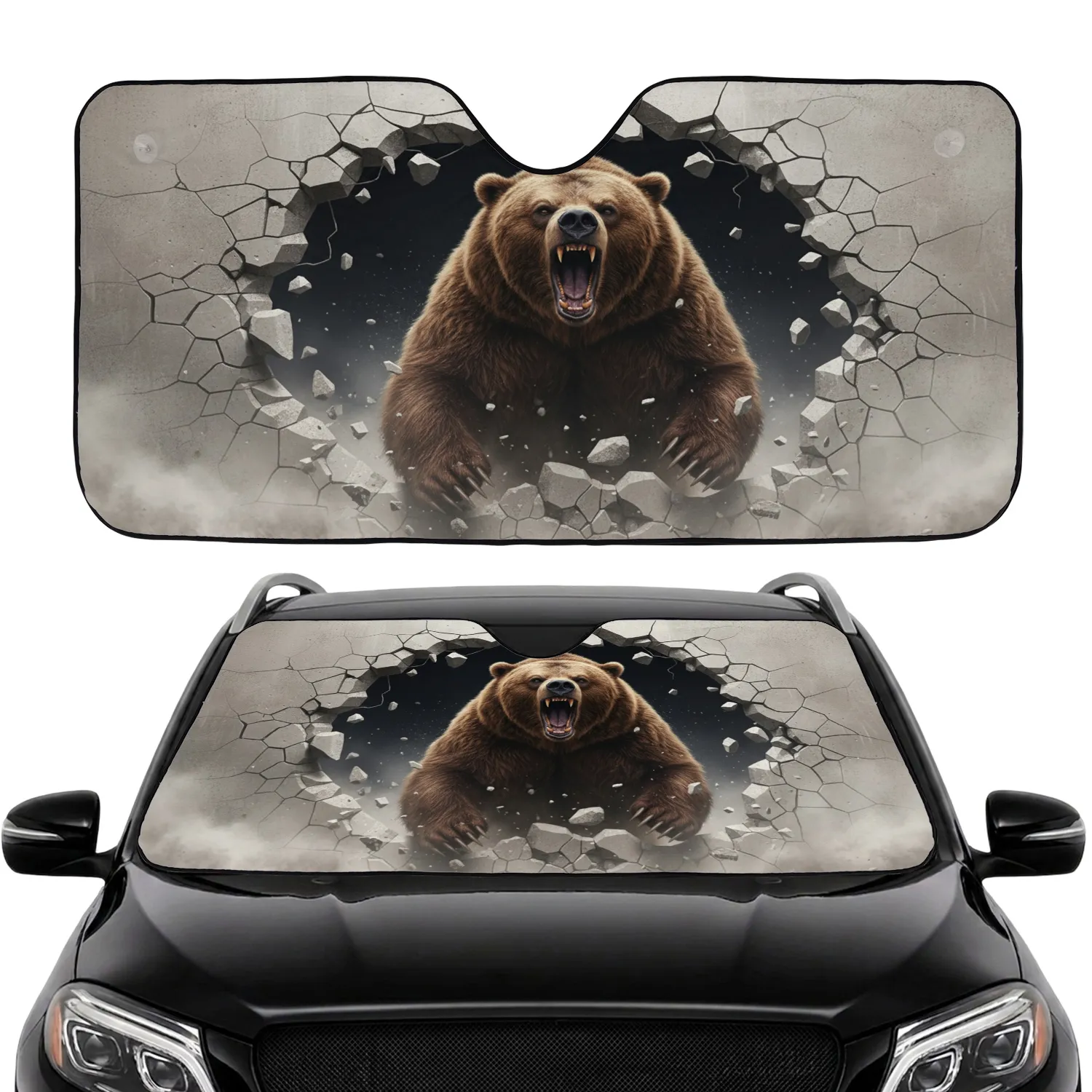 Powerful Grizzly Bear Roaring Concrete Wall Burst - Wildlife Lover Gift Car Sunshade - 1