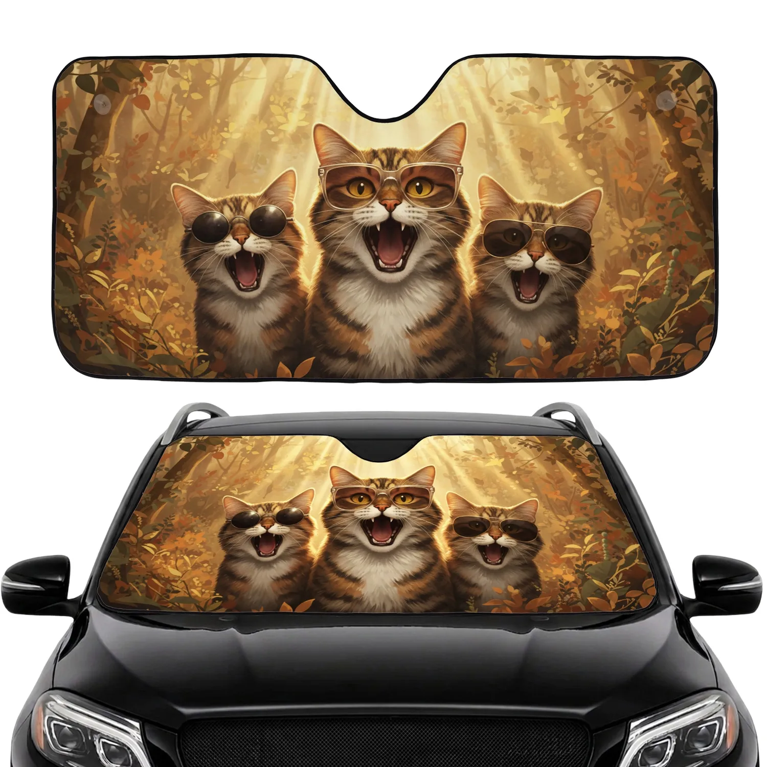 Three Tabby Cats Sunglasses Screaming - Cat Lover Home Decor Gift Car Sunshade - 1