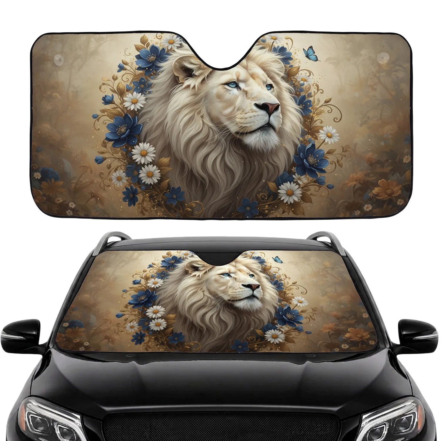 Majestic White Lion Ivory Mane Blue Floral Enchanted Garden - Wildlife Lover Gift Car Sunshade - 1