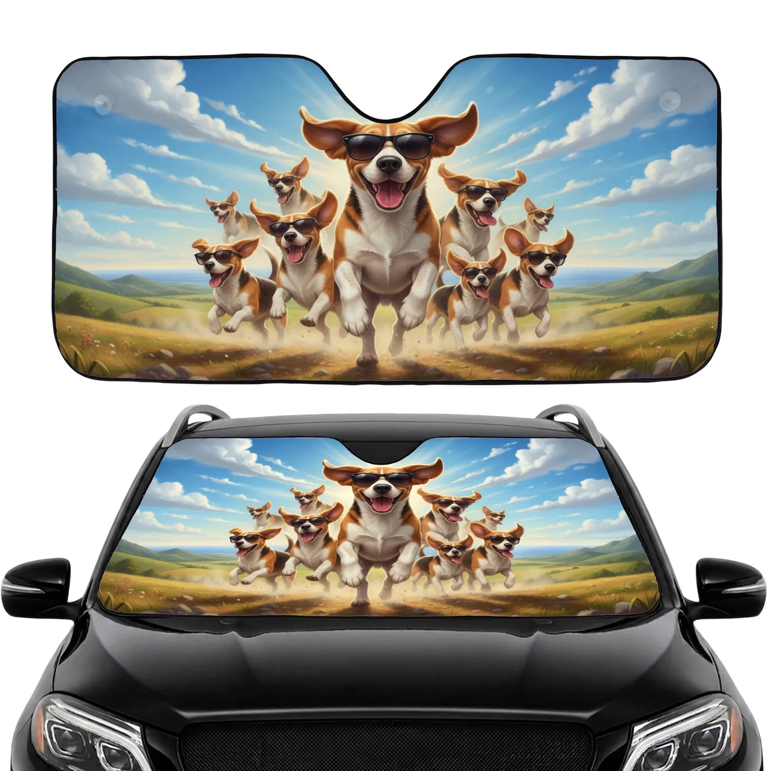 Happy Beagle Dogs Sunglasses Adventure - Dog Lover Travel Essentials Car Sunshade - 1