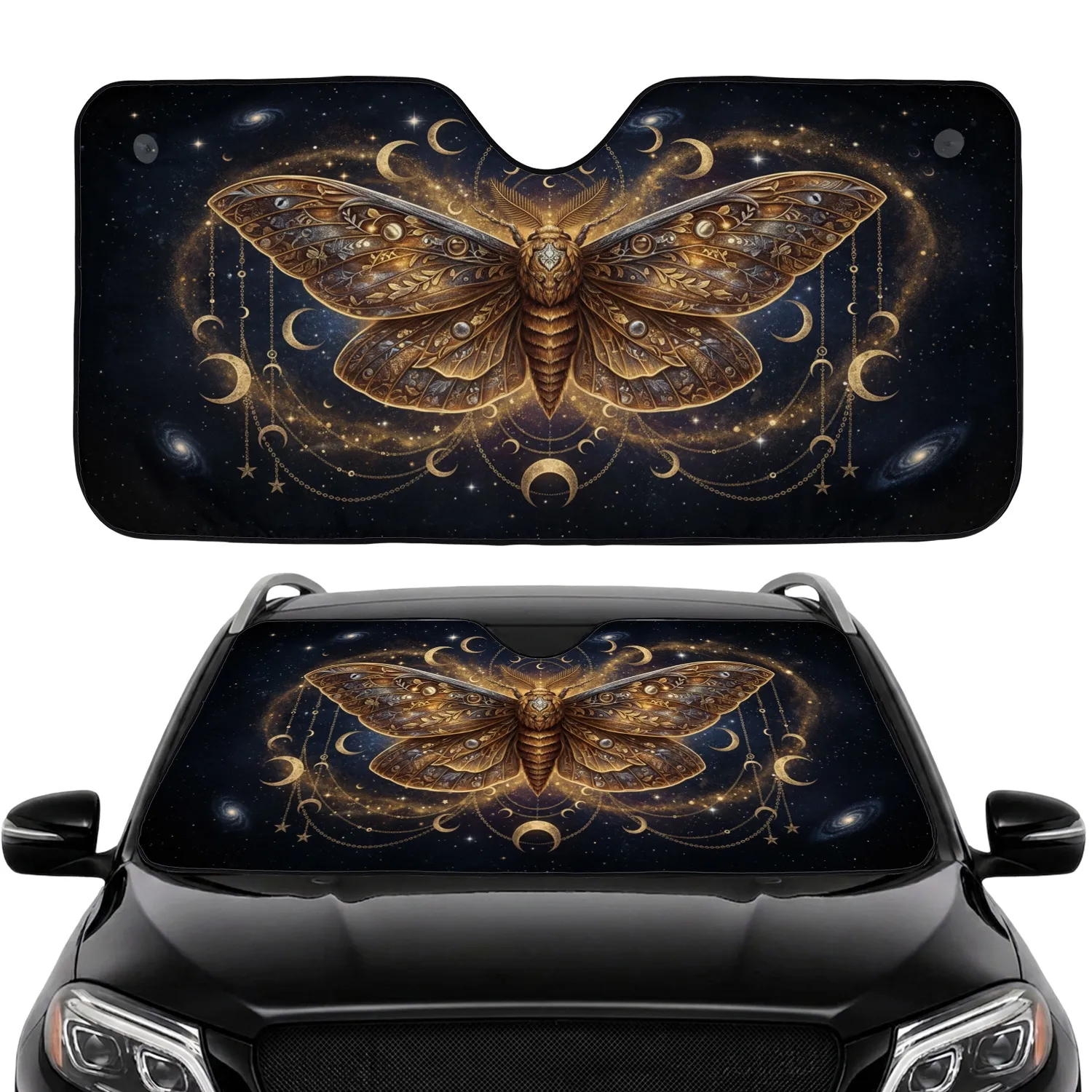 Ornate Celestial Moth Cosmic Moons Stars - Celestial Lover Gift Car Sunshade - 1