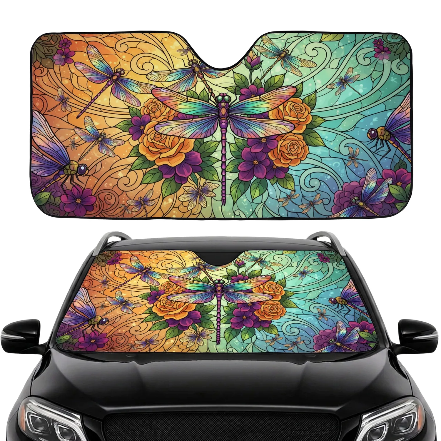 Dragonflies Rose Floral Stained Glass - Home Decor Gift for Wildlife Lover Car Sunshade - 1