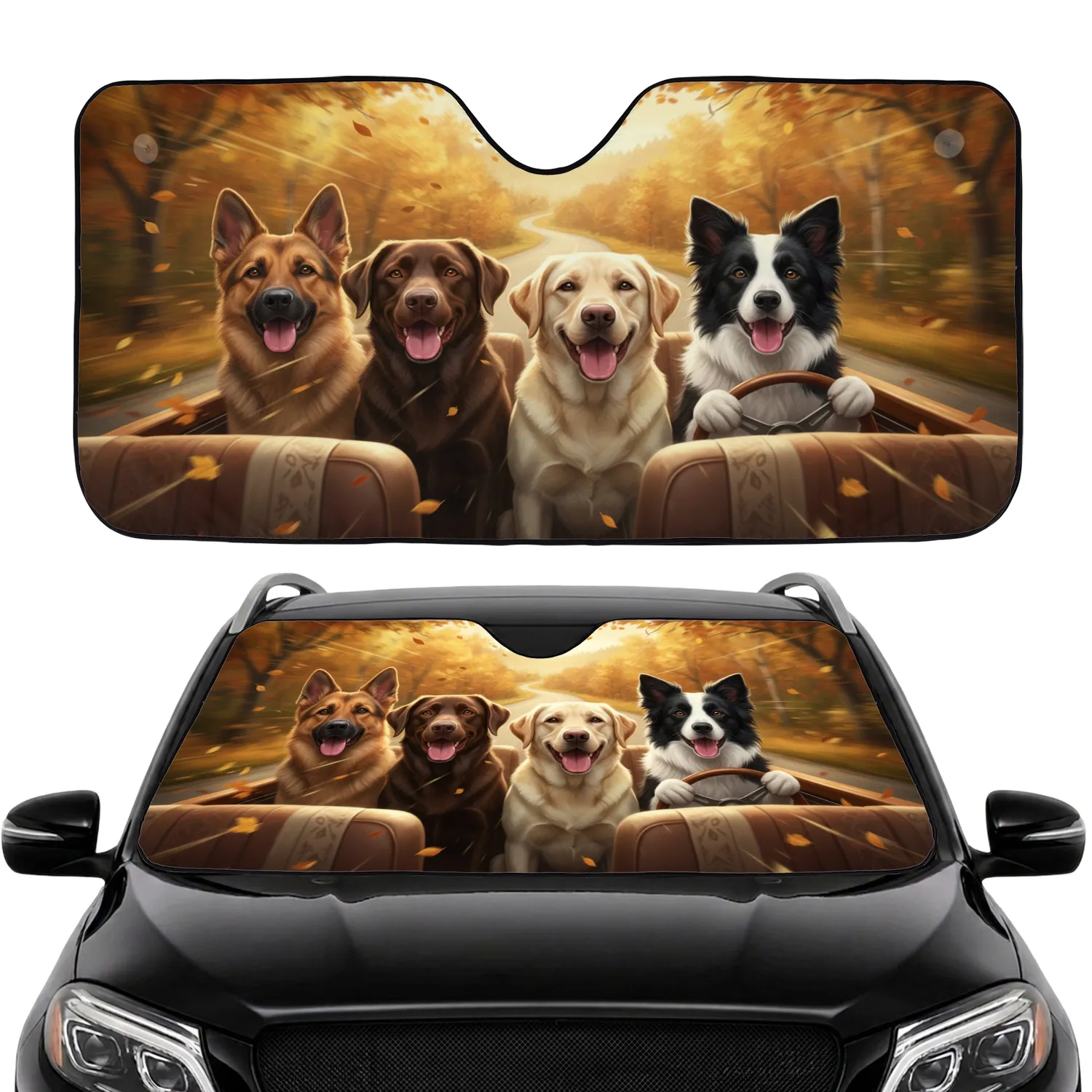 Four German Shepherd Labrador Border Collie Driving Dogs Autumn Road Trip - Dog Lover Gift Car Sunshade - 1